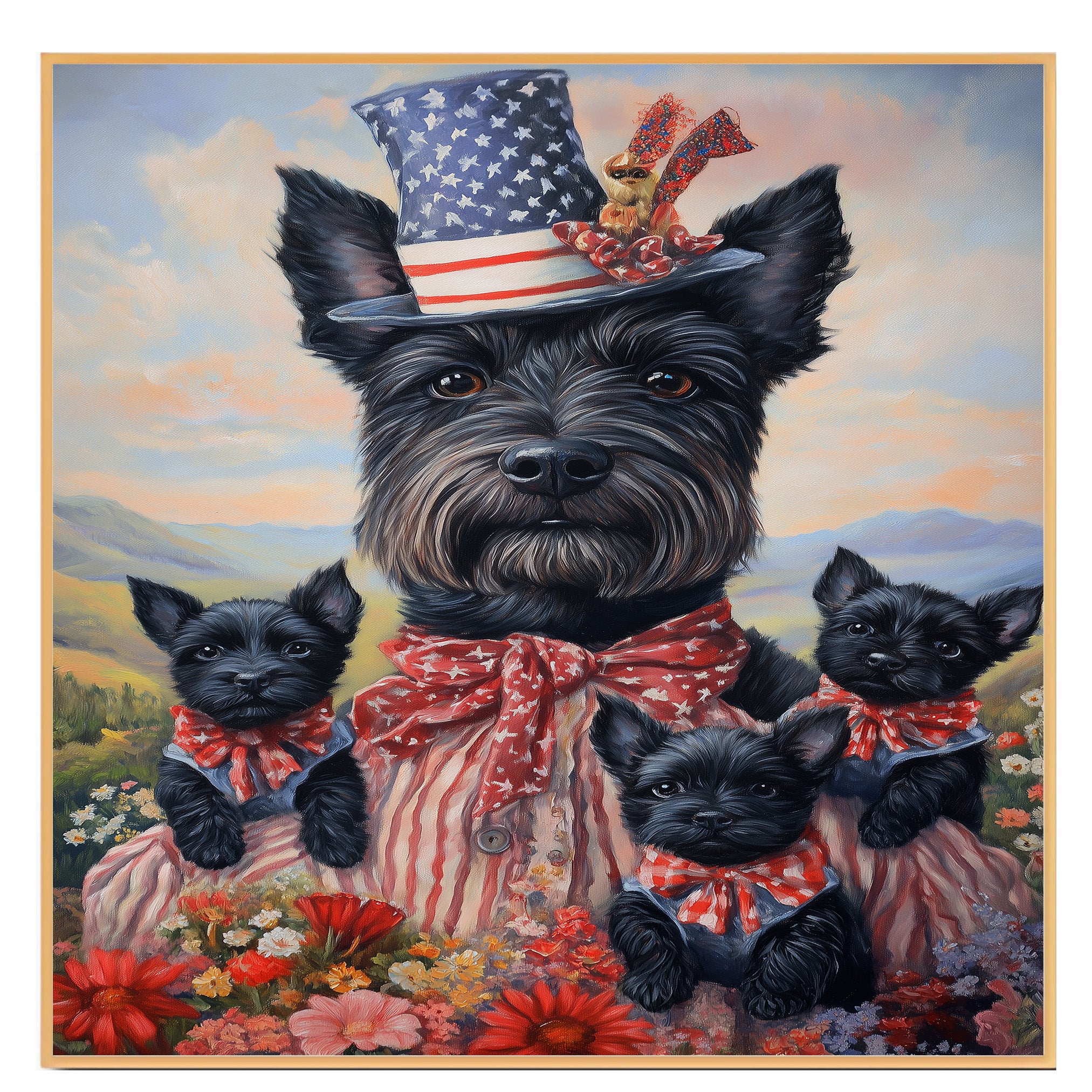 Mother Scottish Terrier and Three Puppies Wearing Patriotic Outfits by a Lake with Sailboat and American Flags on Ready to Hang 1.5" Thick Canvas Wrap, Floating Framed Canvas, Flat Rolled Canvas