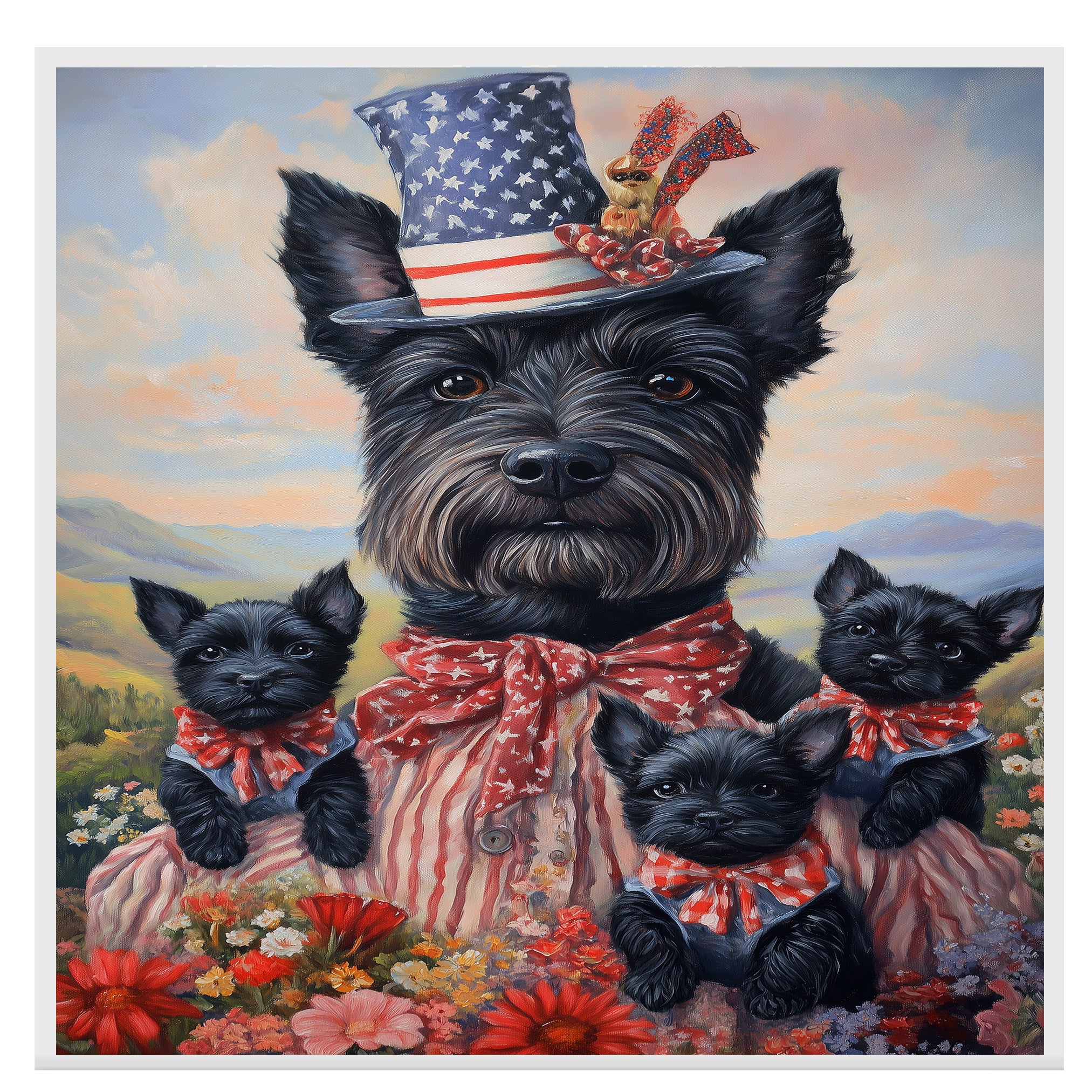 Mother Scottish Terrier and Three Puppies Wearing Patriotic Outfits by a Lake with Sailboat and American Flags on Ready to Hang 1.5" Thick Canvas Wrap, Floating Framed Canvas, Flat Rolled Canvas
