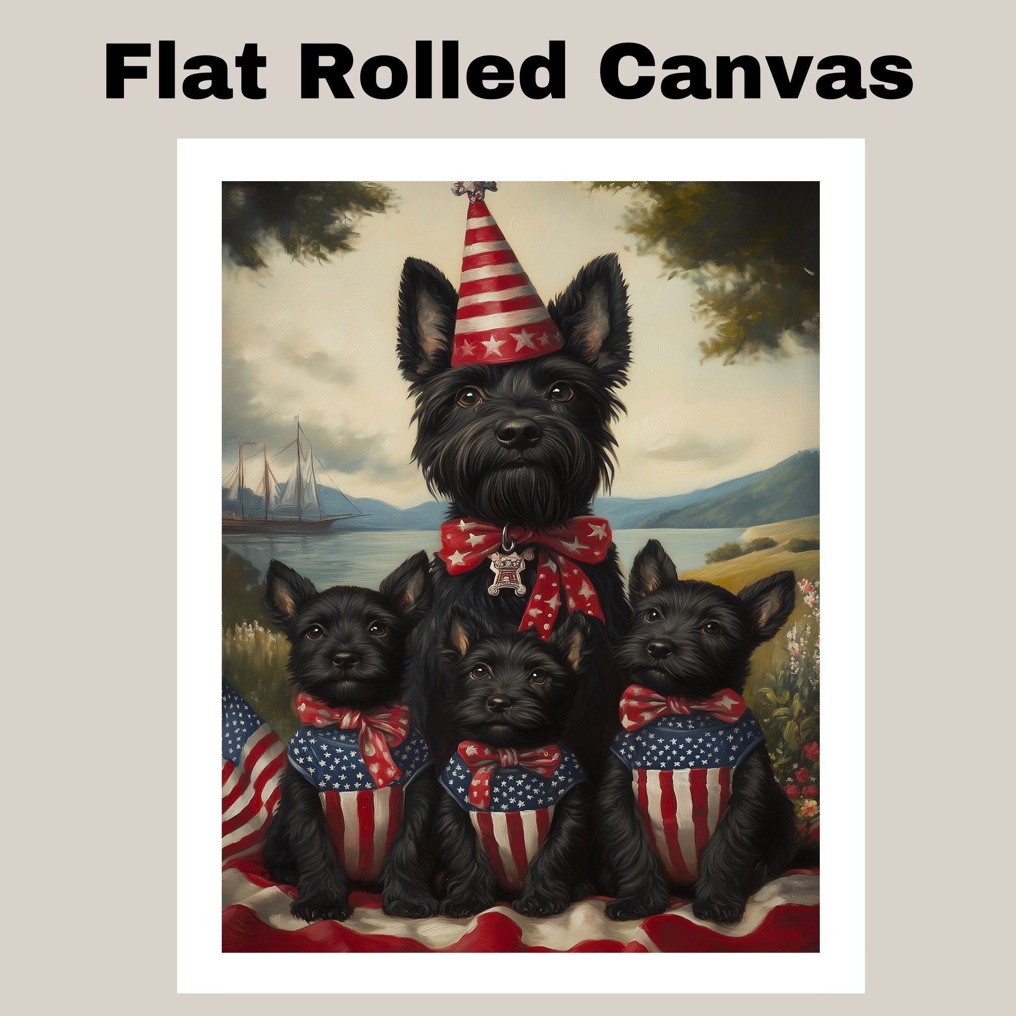 Mother Scottish Terrier with Three Puppies in Patriotic Outfits Wearing American Flag Hats and Red Star Bow Ties in Flower Field on Ready to Hang 1.5" Thick Canvas Wrap, Floating Framed Canvas, Flat Rolled Canvas