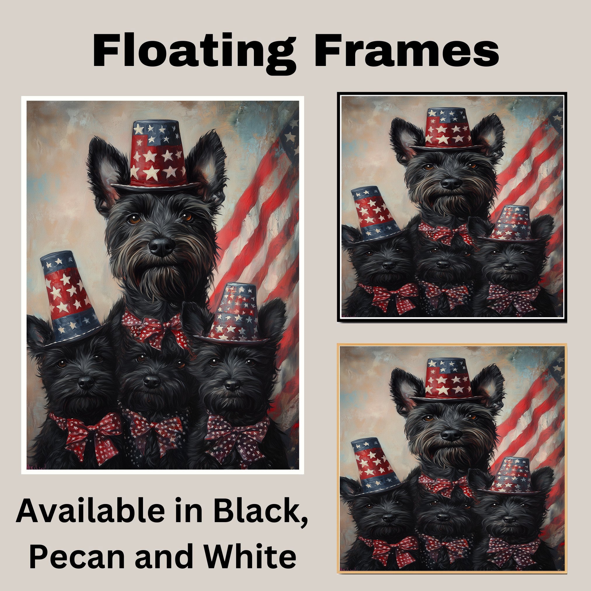 Mother Scottish Terrier and Three Puppies in Patriotic Star Hats with American Flag Backdrop in Festive Family Portrait on Ready to Hang 1.5" Thick Canvas Wrap, Floating Framed Canvas, Flat Rolled Canvas