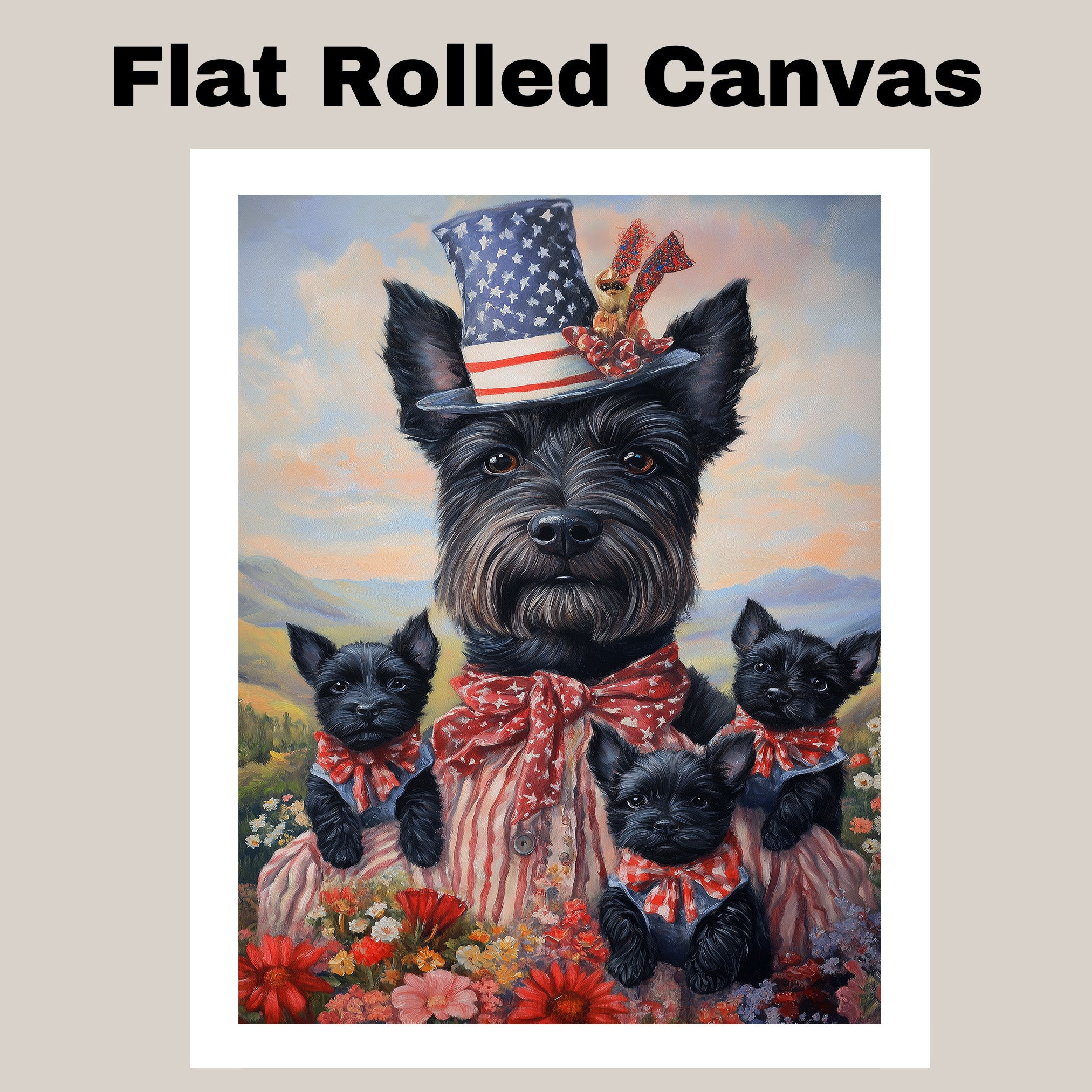Mother Scottish Terrier and Three Puppies Wearing Patriotic Outfits by a Lake with Sailboat and American Flags on Ready to Hang 1.5" Thick Canvas Wrap, Floating Framed Canvas, Flat Rolled Canvas