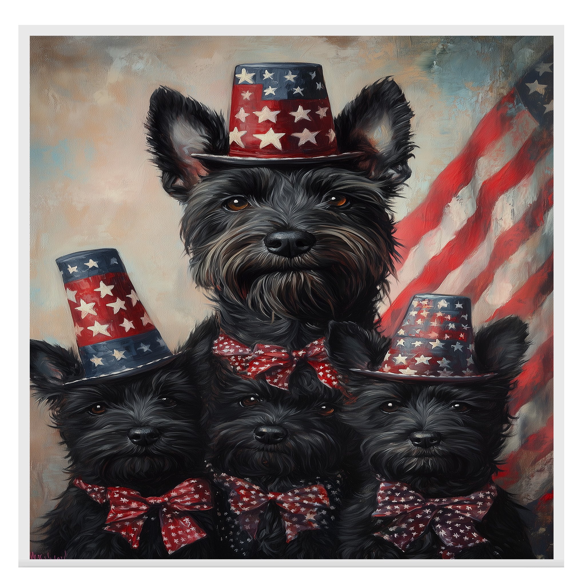 Mother Scottish Terrier and Three Puppies in Patriotic Star Hats with American Flag Backdrop in Festive Family Portrait on Ready to Hang 1.5" Thick Canvas Wrap, Floating Framed Canvas, Flat Rolled Canvas