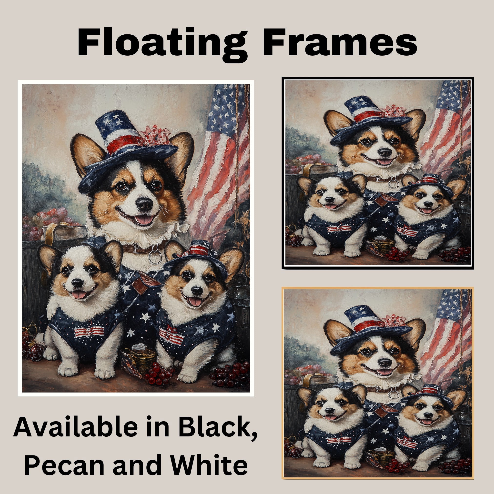 Mother Corgi and Her Two Puppies Dressed in American Flag Outfits with Patriotic Hats and a Rustic Flag Background on Ready to Hang 1.5" Thick Canvas Wrap, Floating Framed Canvas, Flat Rolled Canvas