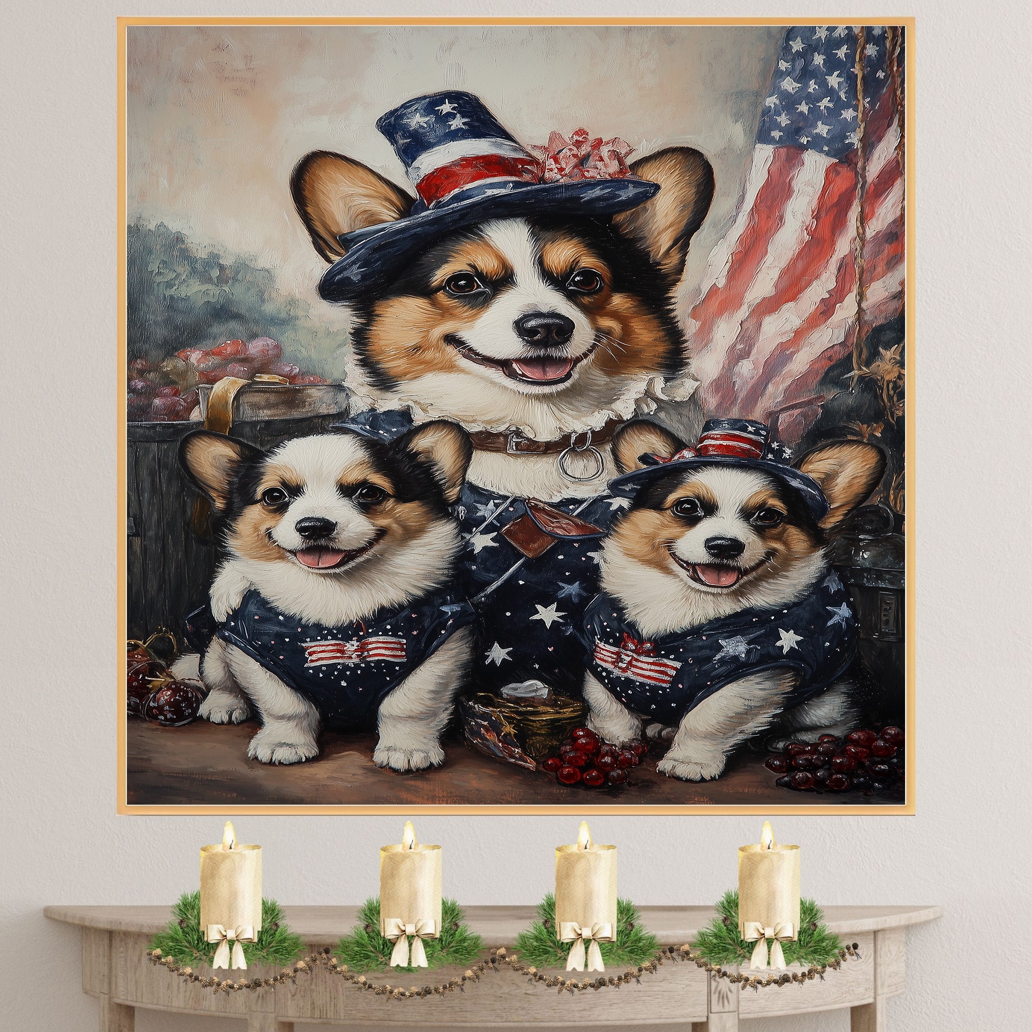 Mother Corgi and Her Two Puppies Dressed in American Flag Outfits with Patriotic Hats and a Rustic Flag Background on Ready to Hang 1.5" Thick Canvas Wrap, Floating Framed Canvas, Flat Rolled Canvas
