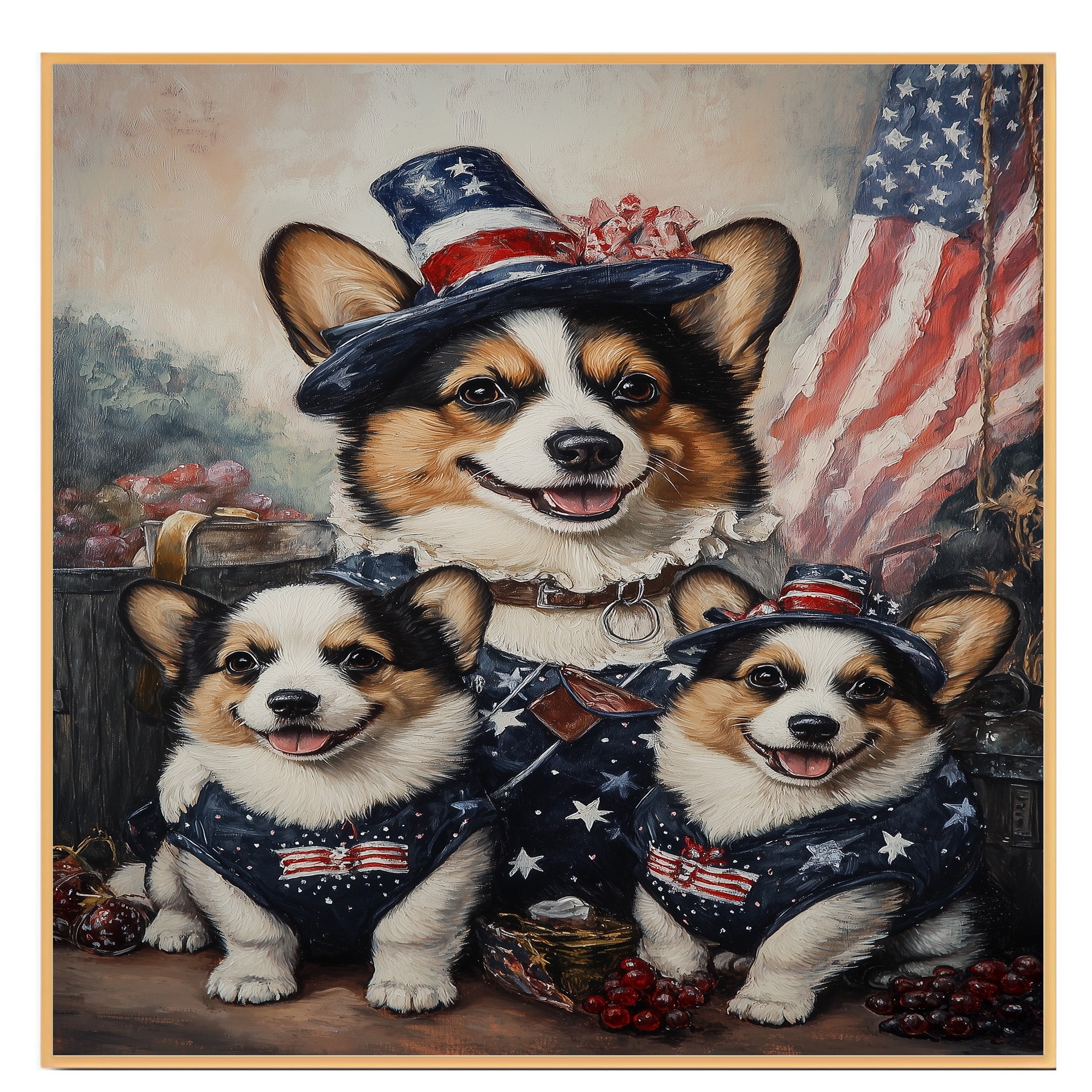 Mother Corgi and Her Two Puppies Dressed in American Flag Outfits with Patriotic Hats and a Rustic Flag Background on Ready to Hang 1.5" Thick Canvas Wrap, Floating Framed Canvas, Flat Rolled Canvas