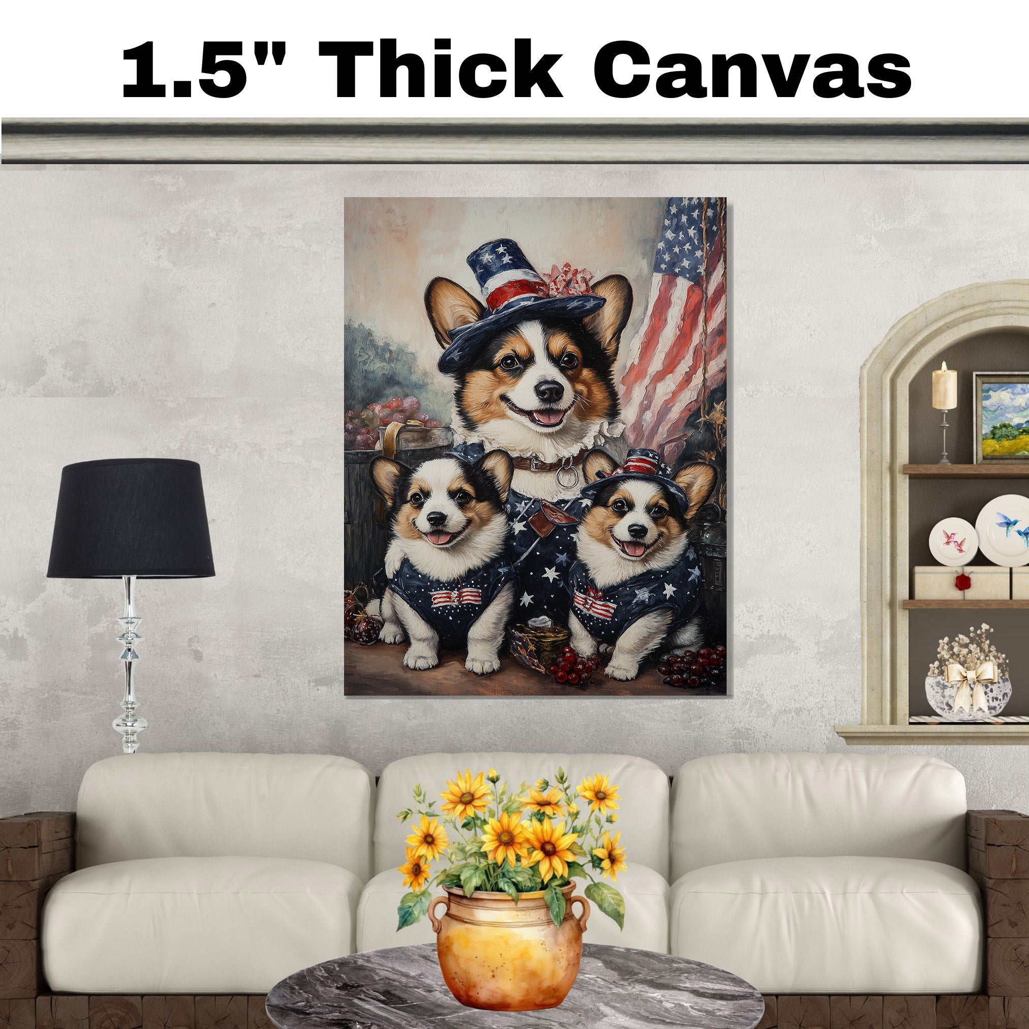 Mother Corgi and Her Two Puppies Dressed in American Flag Outfits with Patriotic Hats and a Rustic Flag Background on Ready to Hang 1.5" Thick Canvas Wrap, Floating Framed Canvas, Flat Rolled Canvas