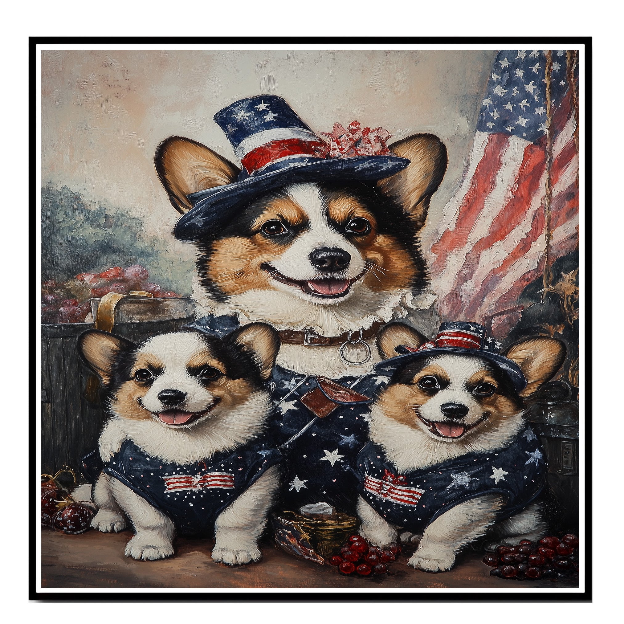 Mother Corgi and Her Two Puppies Dressed in American Flag Outfits with Patriotic Hats and a Rustic Flag Background on Ready to Hang 1.5" Thick Canvas Wrap, Floating Framed Canvas, Flat Rolled Canvas
