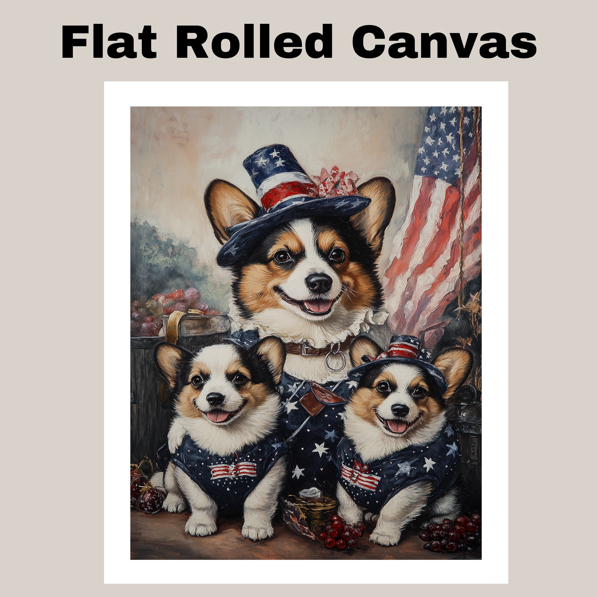 Mother Corgi and Her Two Puppies Dressed in American Flag Outfits with Patriotic Hats and a Rustic Flag Background on Ready to Hang 1.5" Thick Canvas Wrap, Floating Framed Canvas, Flat Rolled Canvas