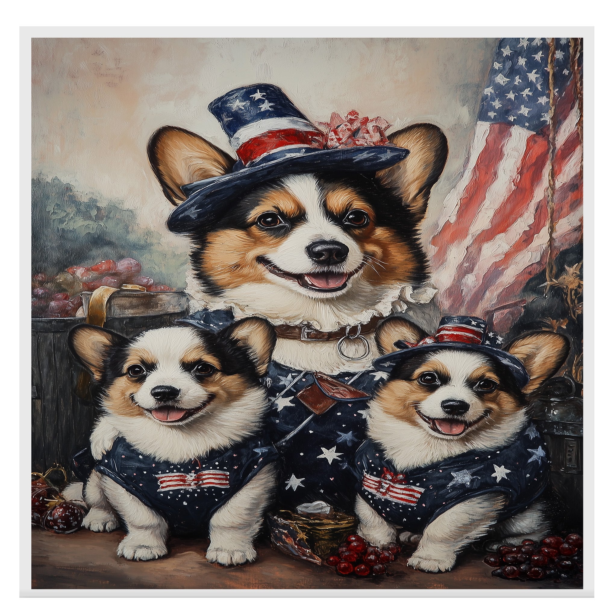 Mother Corgi and Her Two Puppies Dressed in American Flag Outfits with Patriotic Hats and a Rustic Flag Background on Ready to Hang 1.5" Thick Canvas Wrap, Floating Framed Canvas, Flat Rolled Canvas