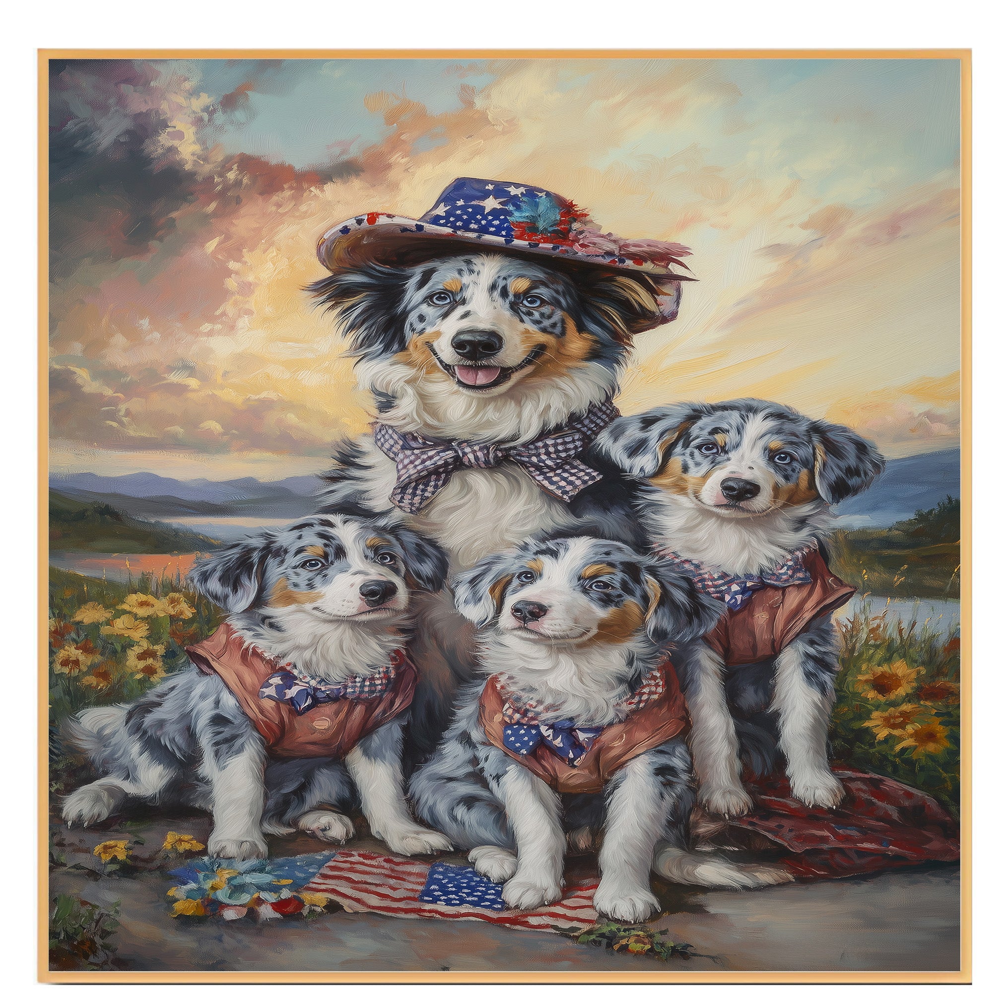 Blue Merle Australian Shepherd Mother and Three Puppies in Rustic Outfits with Patriotic Accents at Sunset Landscape on Ready to Hang 1.5" Thick Canvas Wrap, Floating Framed Canvas, Flat Rolled Canvas