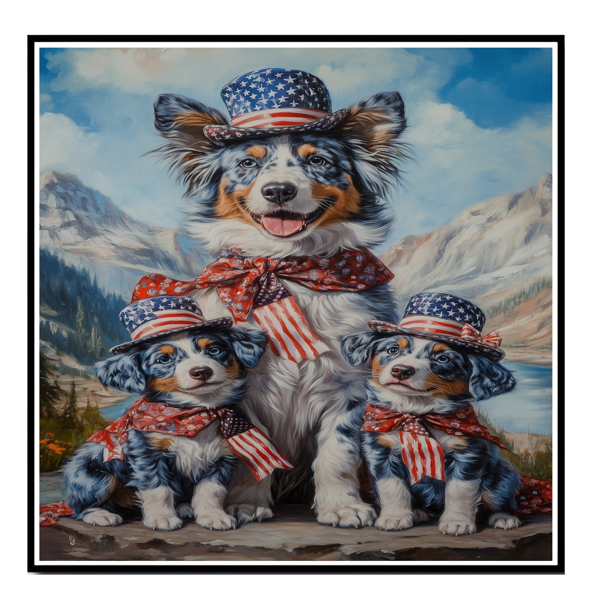 Blue Merle Australian Shepherd Mother and Two Puppies in Patriotic Outfits with Mountain Landscape and American Flag Theme on Ready to Hang 1.5" Thick Canvas Wrap, Floating Framed Canvas, Flat Rolled Canvas