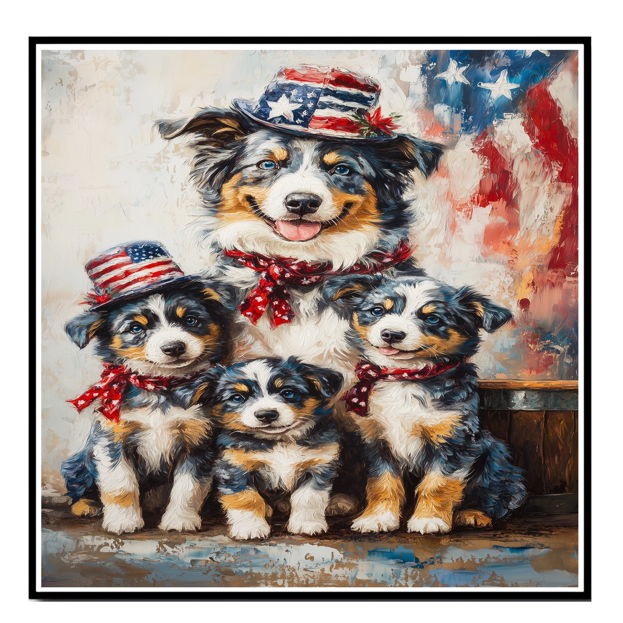 Blue Merle Australian Shepherd Mother and Three Puppies in Patriotic Hats and Scarves with American Flag Background on Ready to Hang 1.5" Thick Canvas Wrap, Floating Framed Canvas, Flat Rolled Canvas