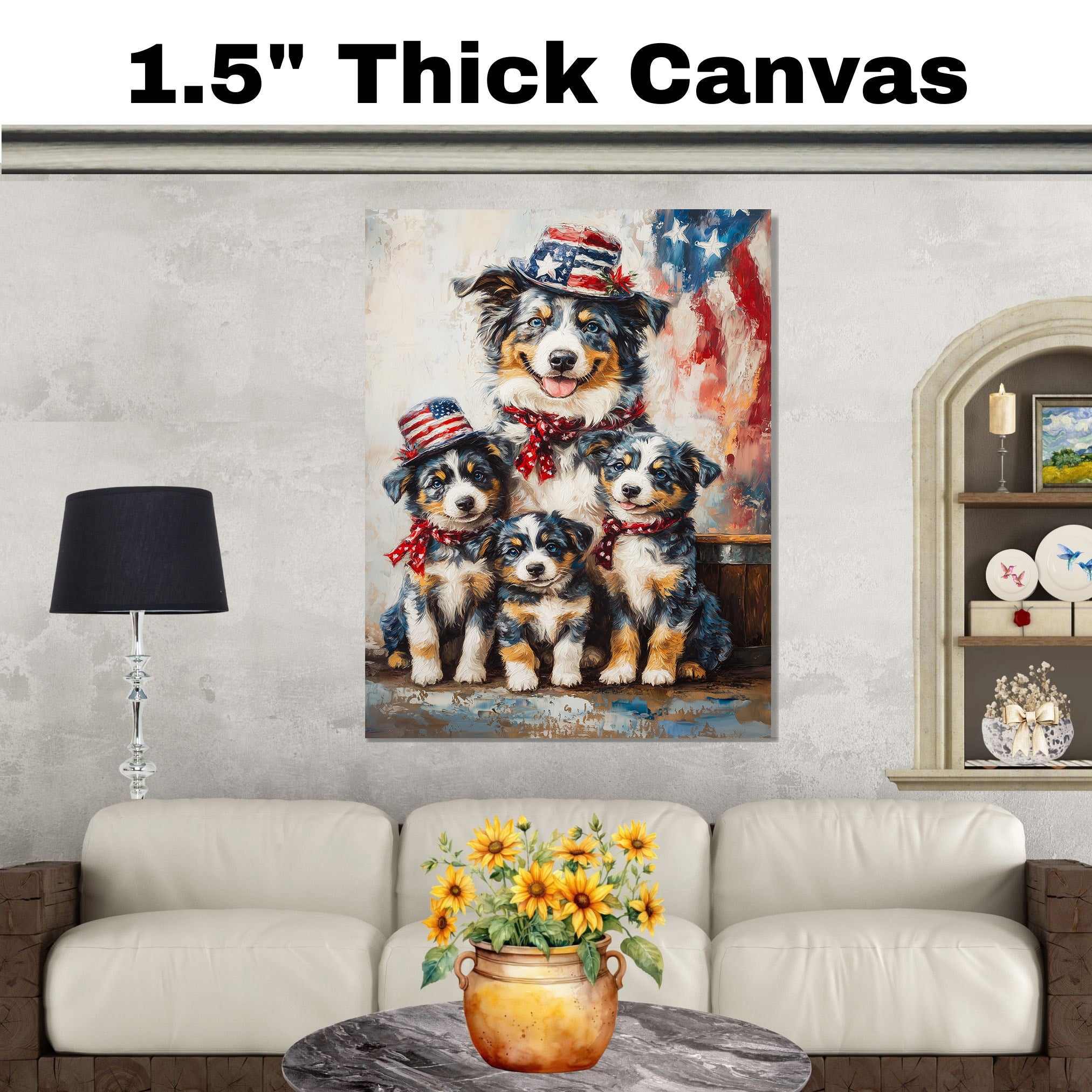 Blue Merle Australian Shepherd Mother and Three Puppies in Patriotic Hats and Scarves with American Flag Background on Ready to Hang 1.5" Thick Canvas Wrap, Floating Framed Canvas, Flat Rolled Canvas