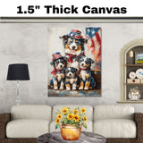 Blue Merle Australian Shepherd Mother and Three Puppies in Patriotic Hats and Scarves with American Flag Background on Ready to Hang 1.5" Thick Canvas Wrap, Floating Framed Canvas, Flat Rolled Canvas