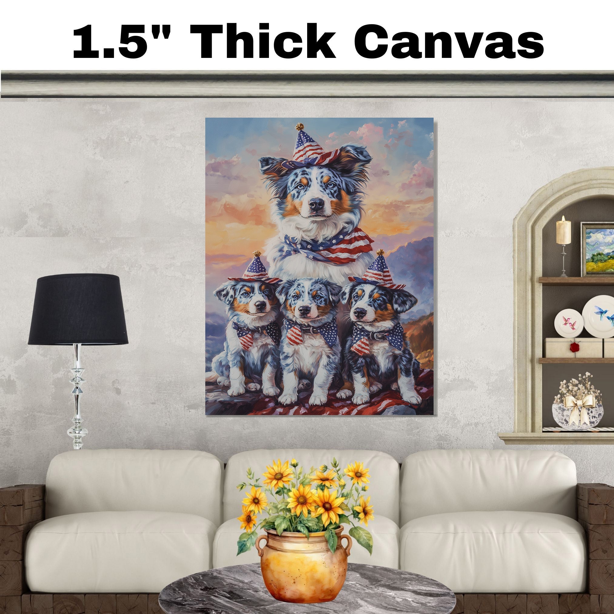 Blue Merle Australian Shepherd Mother and Three Puppies Wearing Patriotic Hats and Scarves at Sunset with Flag Background on Ready to Hang 1.5" Thick Canvas Wrap, Floating Framed Canvas, Flat Rolled Canvas