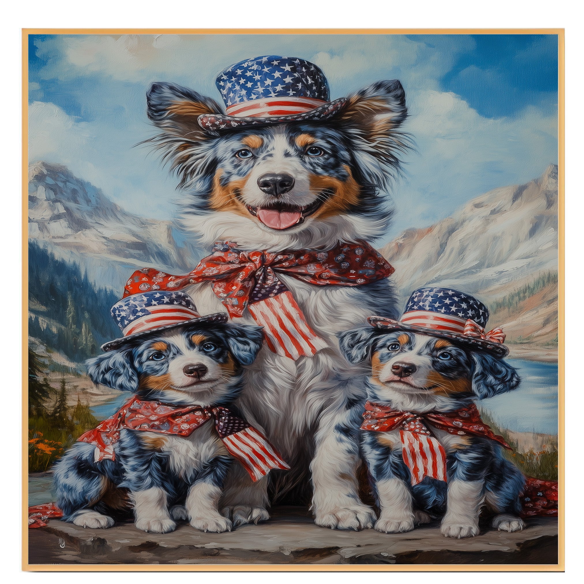 Blue Merle Australian Shepherd Mother and Two Puppies in Patriotic Outfits with Mountain Landscape and American Flag Theme on Ready to Hang 1.5" Thick Canvas Wrap, Floating Framed Canvas, Flat Rolled Canvas