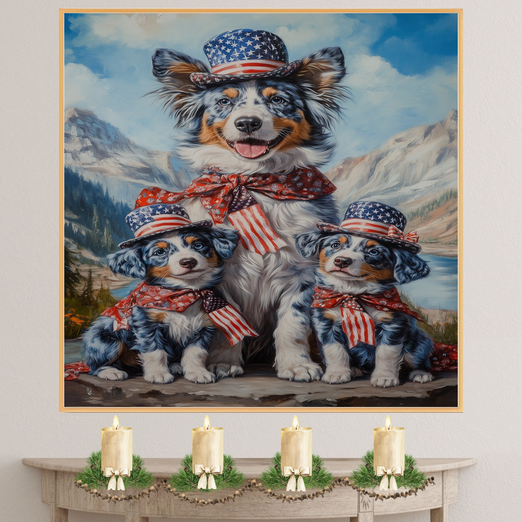 Blue Merle Australian Shepherd Mother and Two Puppies in Patriotic Outfits with Mountain Landscape and American Flag Theme on Ready to Hang 1.5" Thick Canvas Wrap, Floating Framed Canvas, Flat Rolled Canvas