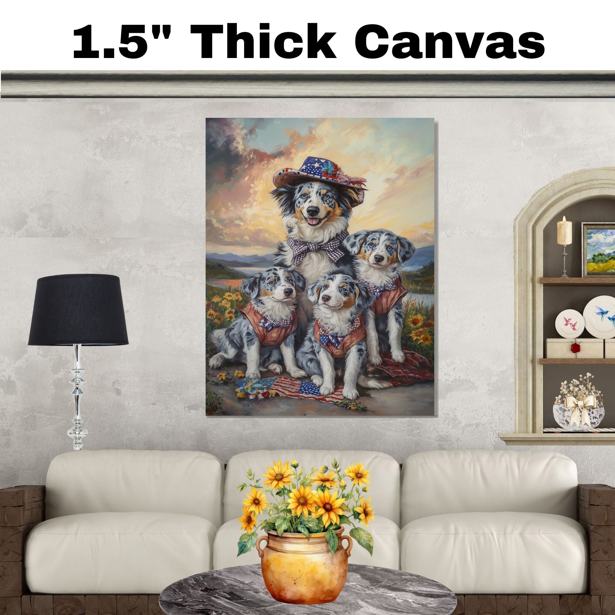 Blue Merle Australian Shepherd Mother and Three Puppies in Rustic Outfits with Patriotic Accents at Sunset Landscape on Ready to Hang 1.5" Thick Canvas Wrap, Floating Framed Canvas, Flat Rolled Canvas
