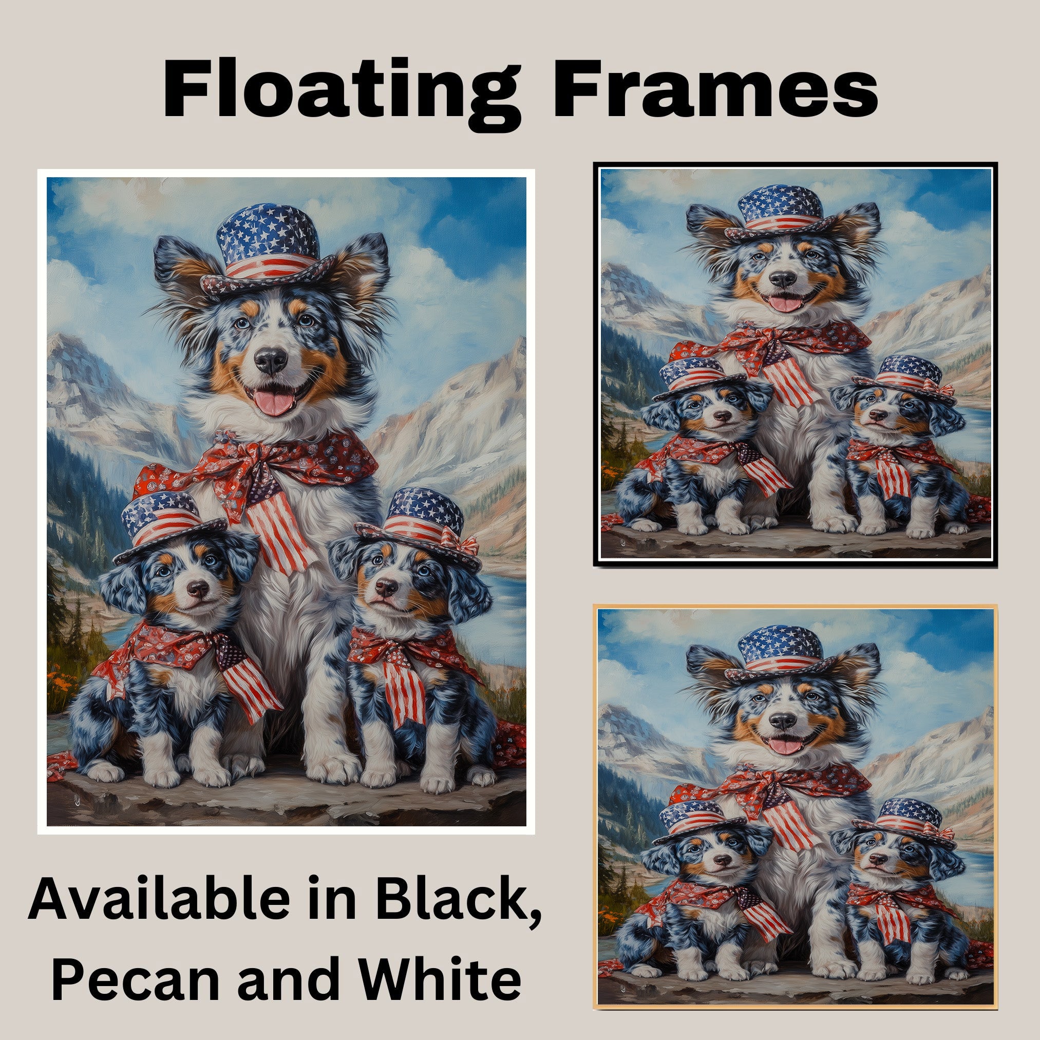 Blue Merle Australian Shepherd Mother and Two Puppies in Patriotic Outfits with Mountain Landscape and American Flag Theme on Ready to Hang 1.5" Thick Canvas Wrap, Floating Framed Canvas, Flat Rolled Canvas