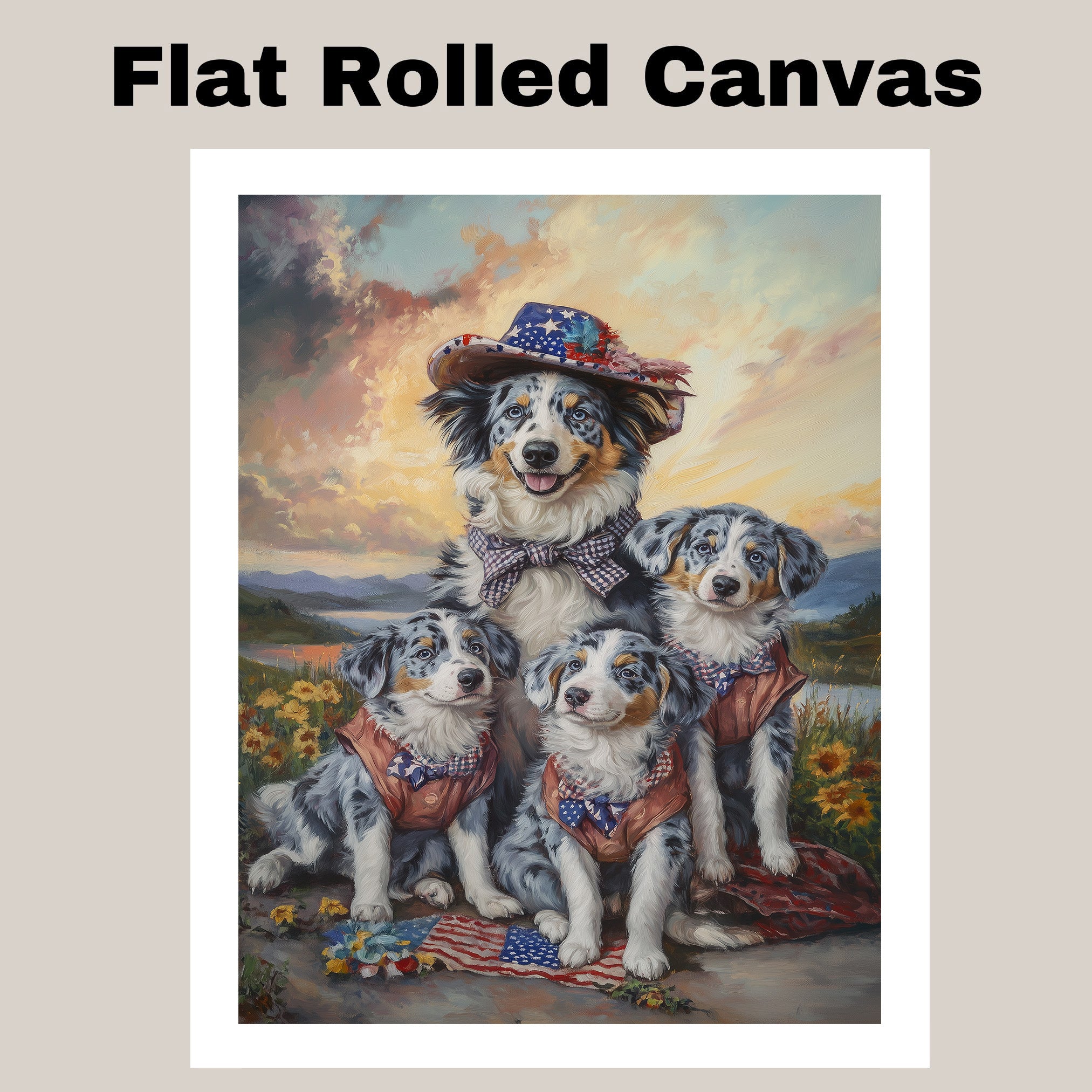 Blue Merle Australian Shepherd Mother and Three Puppies in Rustic Outfits with Patriotic Accents at Sunset Landscape on Ready to Hang 1.5" Thick Canvas Wrap, Floating Framed Canvas, Flat Rolled Canvas
