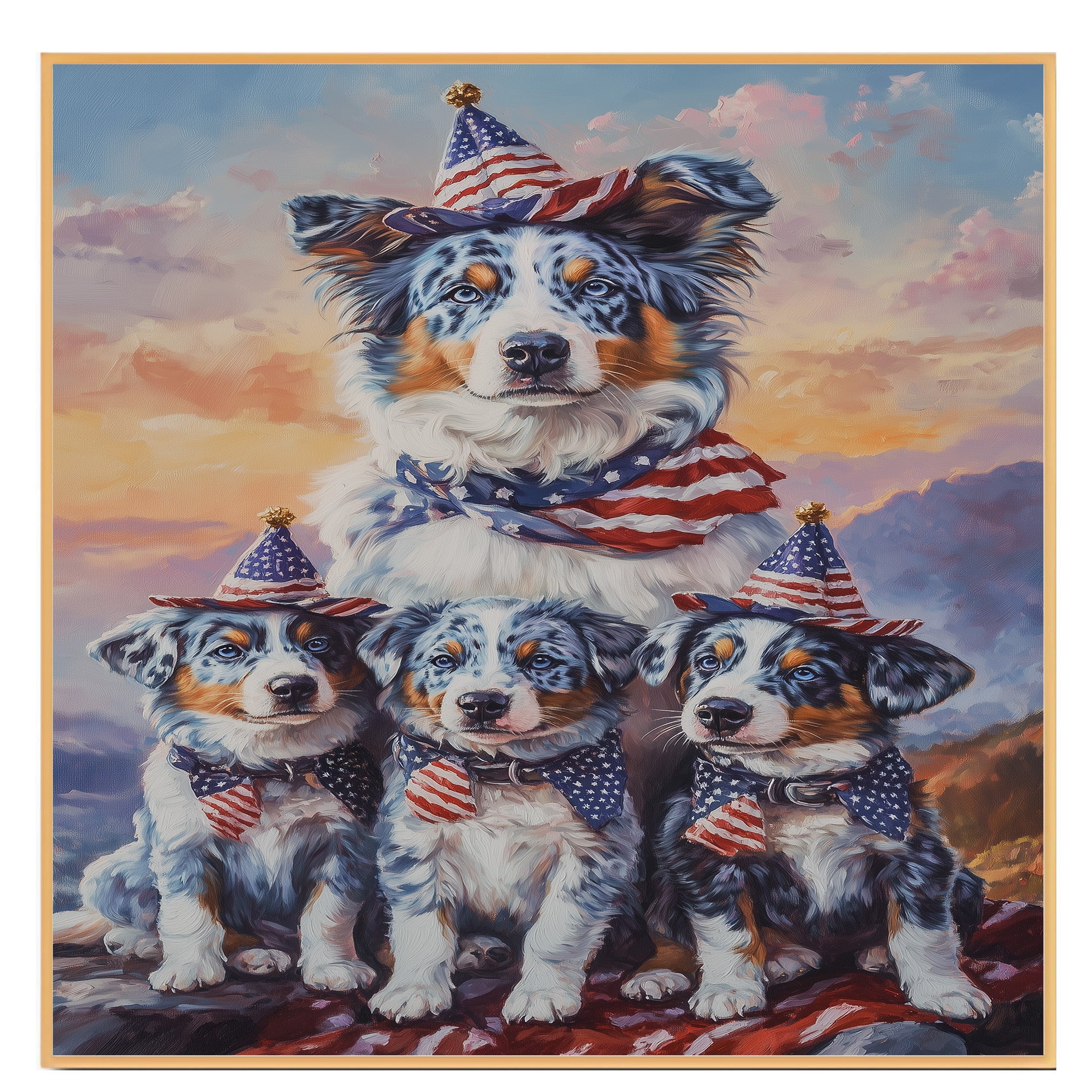 Blue Merle Australian Shepherd Mother and Three Puppies Wearing Patriotic Hats and Scarves at Sunset with Flag Background on Ready to Hang 1.5" Thick Canvas Wrap, Floating Framed Canvas, Flat Rolled Canvas