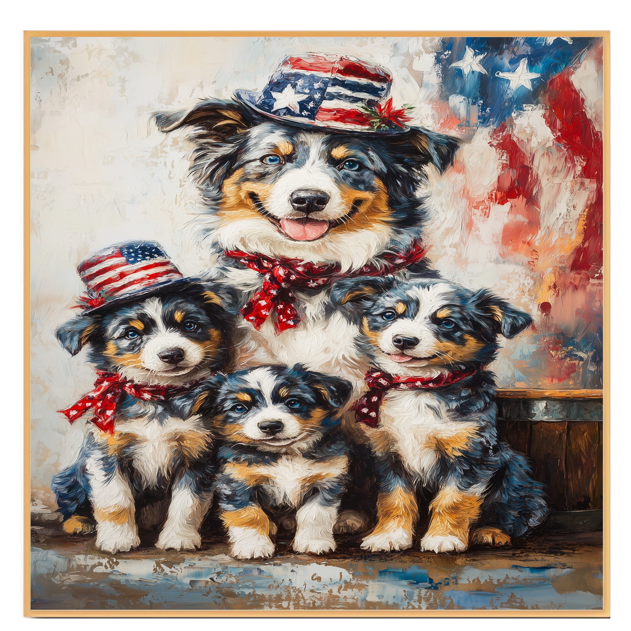 Blue Merle Australian Shepherd Mother and Three Puppies in Patriotic Hats and Scarves with American Flag Background on Ready to Hang 1.5" Thick Canvas Wrap, Floating Framed Canvas, Flat Rolled Canvas