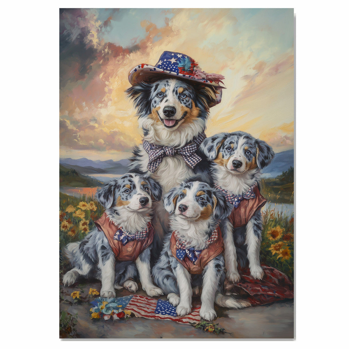 Blue Merle Australian Shepherd Mother and Three Puppies in Rustic Outfits with Patriotic Accents at Sunset Landscape on Ready to Hang 1.5" Thick Canvas Wrap, Floating Framed Canvas, Flat Rolled Canvas