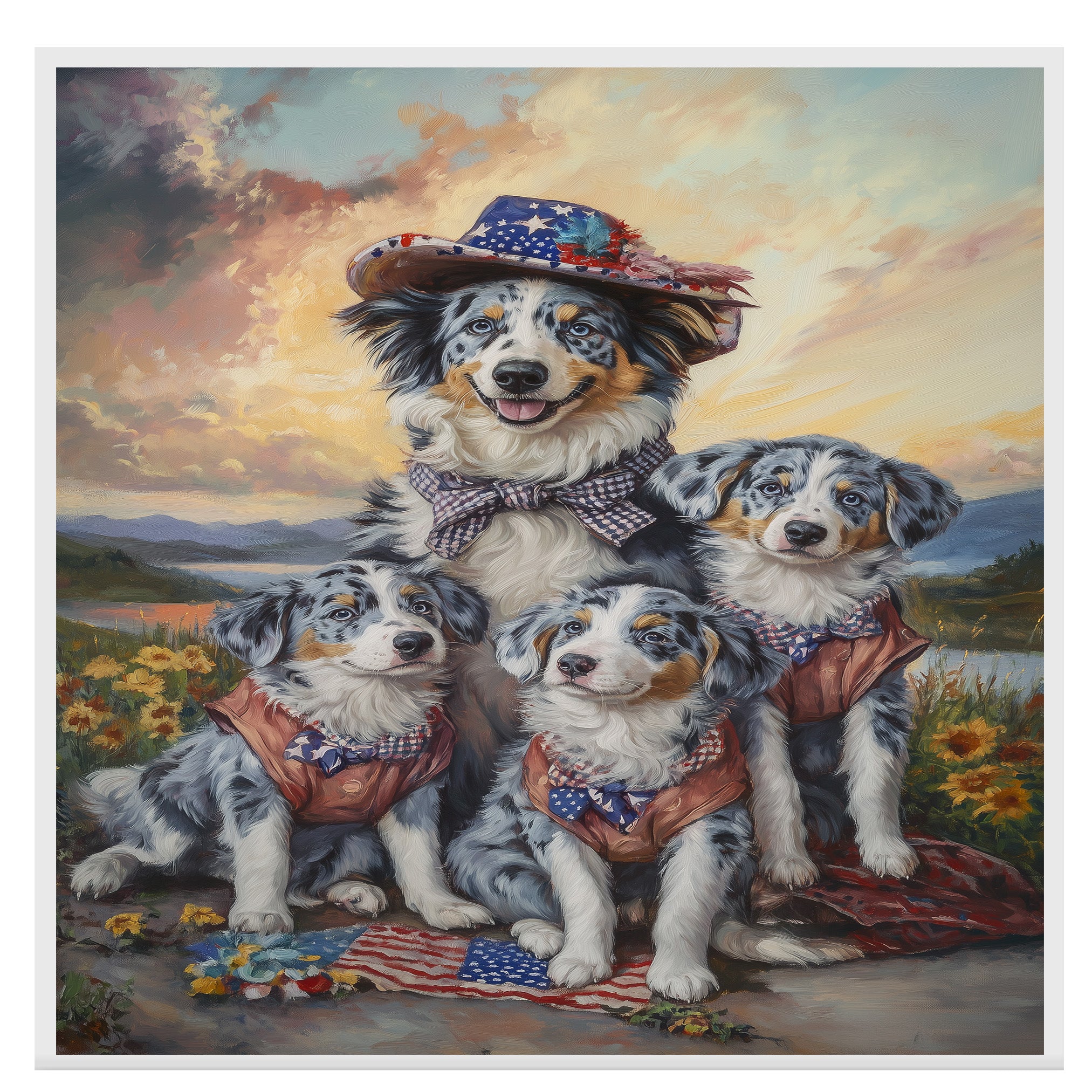 Blue Merle Australian Shepherd Mother and Three Puppies in Rustic Outfits with Patriotic Accents at Sunset Landscape on Ready to Hang 1.5" Thick Canvas Wrap, Floating Framed Canvas, Flat Rolled Canvas
