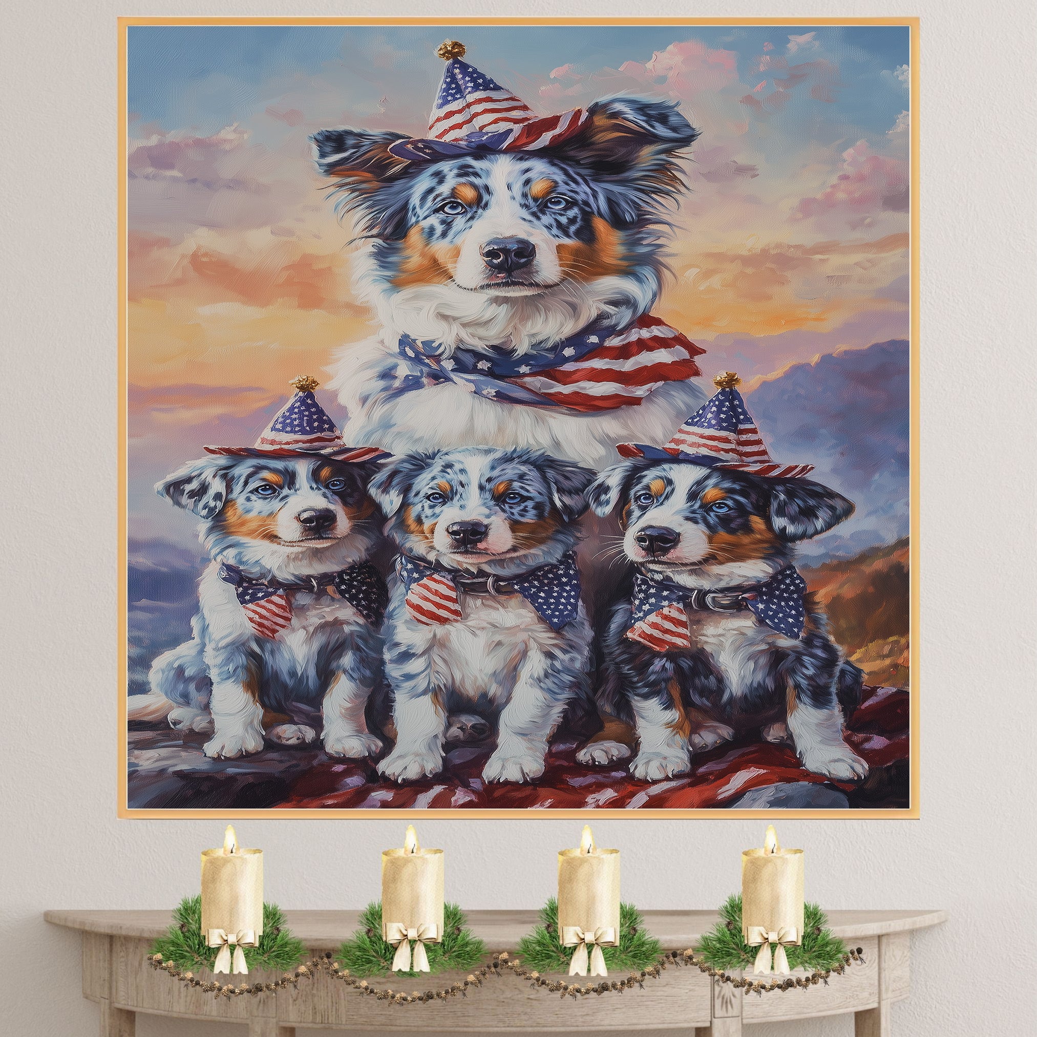 Blue Merle Australian Shepherd Mother and Three Puppies Wearing Patriotic Hats and Scarves at Sunset with Flag Background on Ready to Hang 1.5" Thick Canvas Wrap, Floating Framed Canvas, Flat Rolled Canvas
