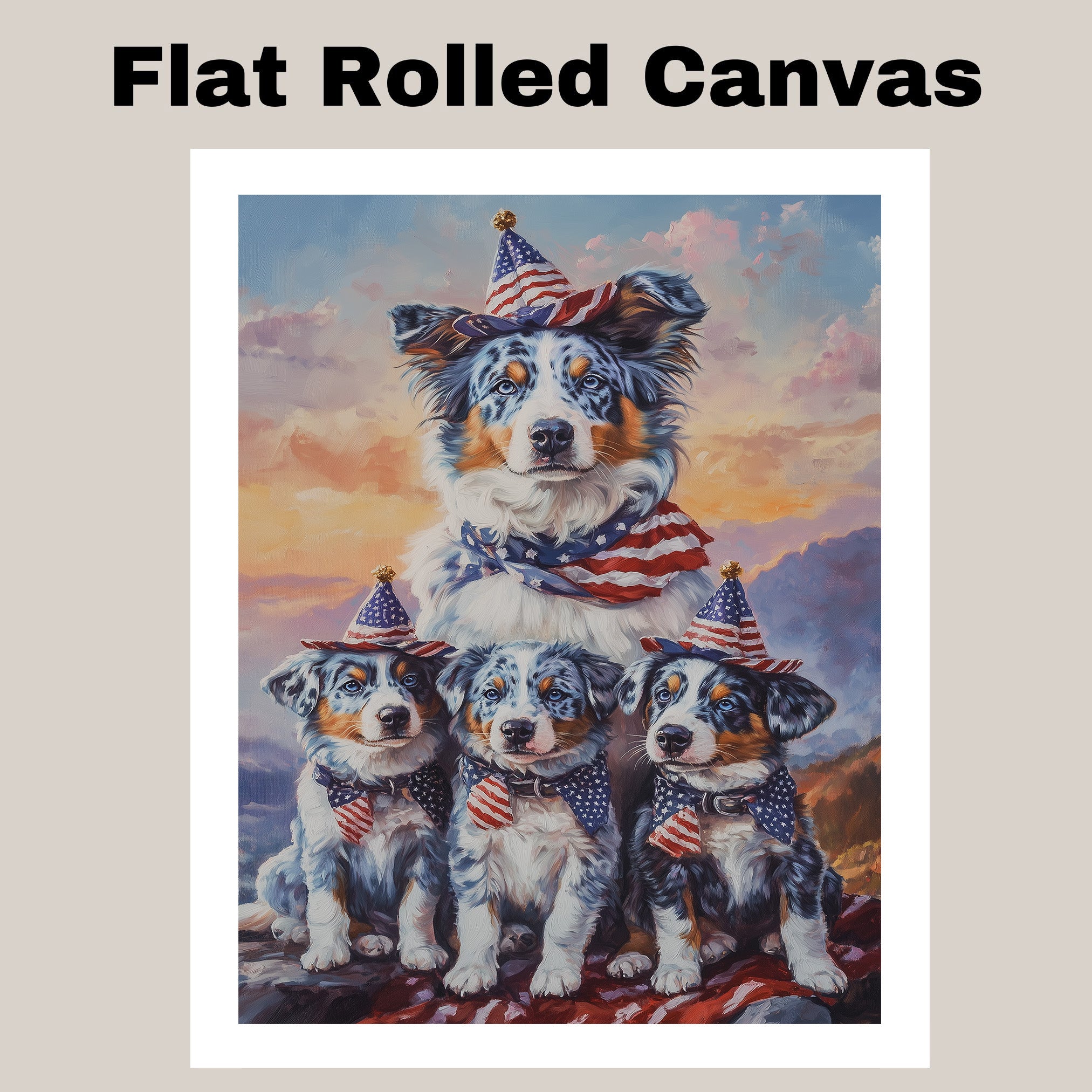 Blue Merle Australian Shepherd Mother and Three Puppies Wearing Patriotic Hats and Scarves at Sunset with Flag Background on Ready to Hang 1.5" Thick Canvas Wrap, Floating Framed Canvas, Flat Rolled Canvas