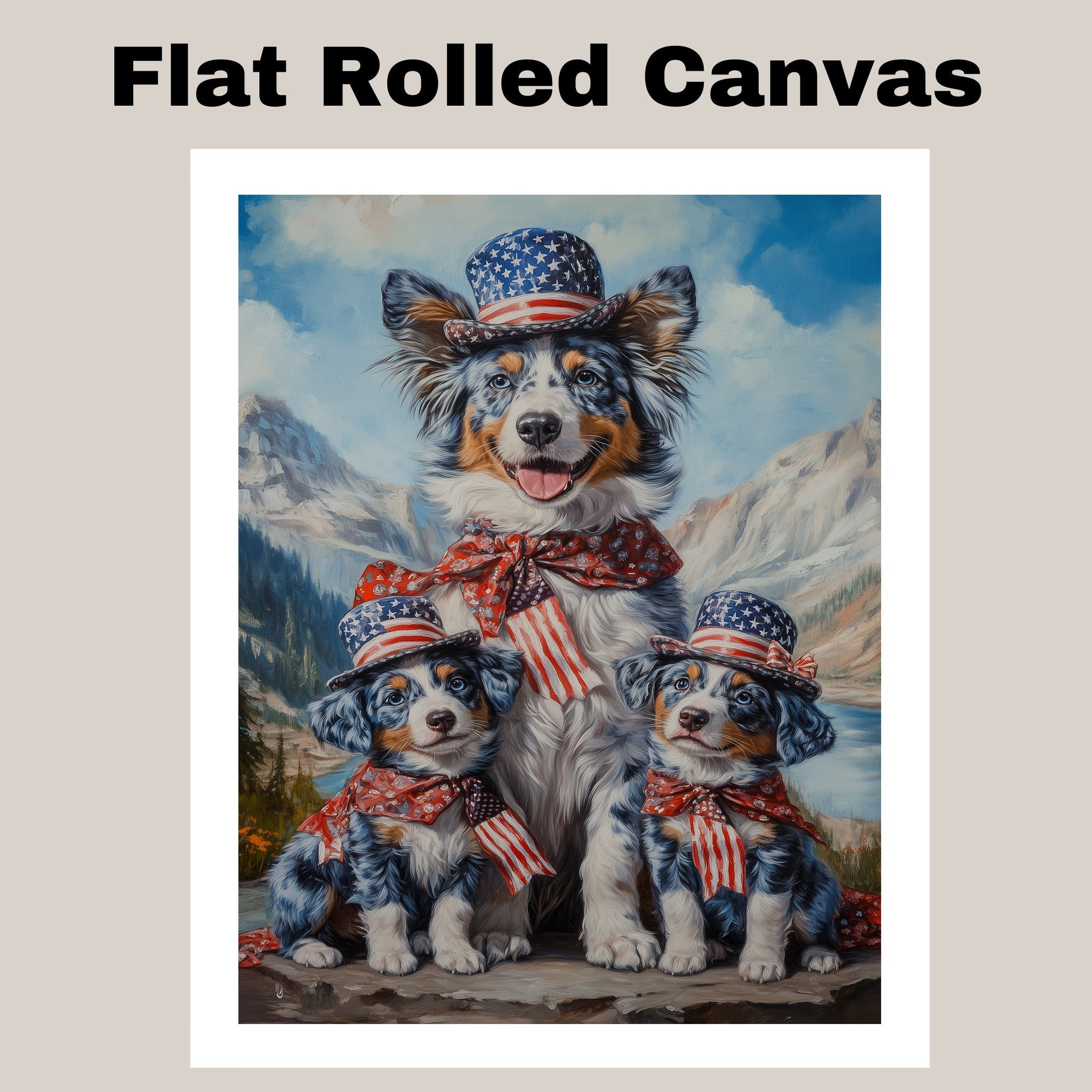 Blue Merle Australian Shepherd Mother and Two Puppies in Patriotic Outfits with Mountain Landscape and American Flag Theme on Ready to Hang 1.5" Thick Canvas Wrap, Floating Framed Canvas, Flat Rolled Canvas