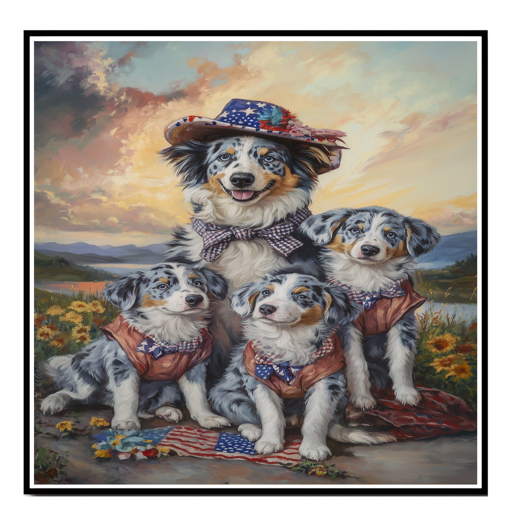 Blue Merle Australian Shepherd Mother and Three Puppies in Rustic Outfits with Patriotic Accents at Sunset Landscape on Ready to Hang 1.5" Thick Canvas Wrap, Floating Framed Canvas, Flat Rolled Canvas