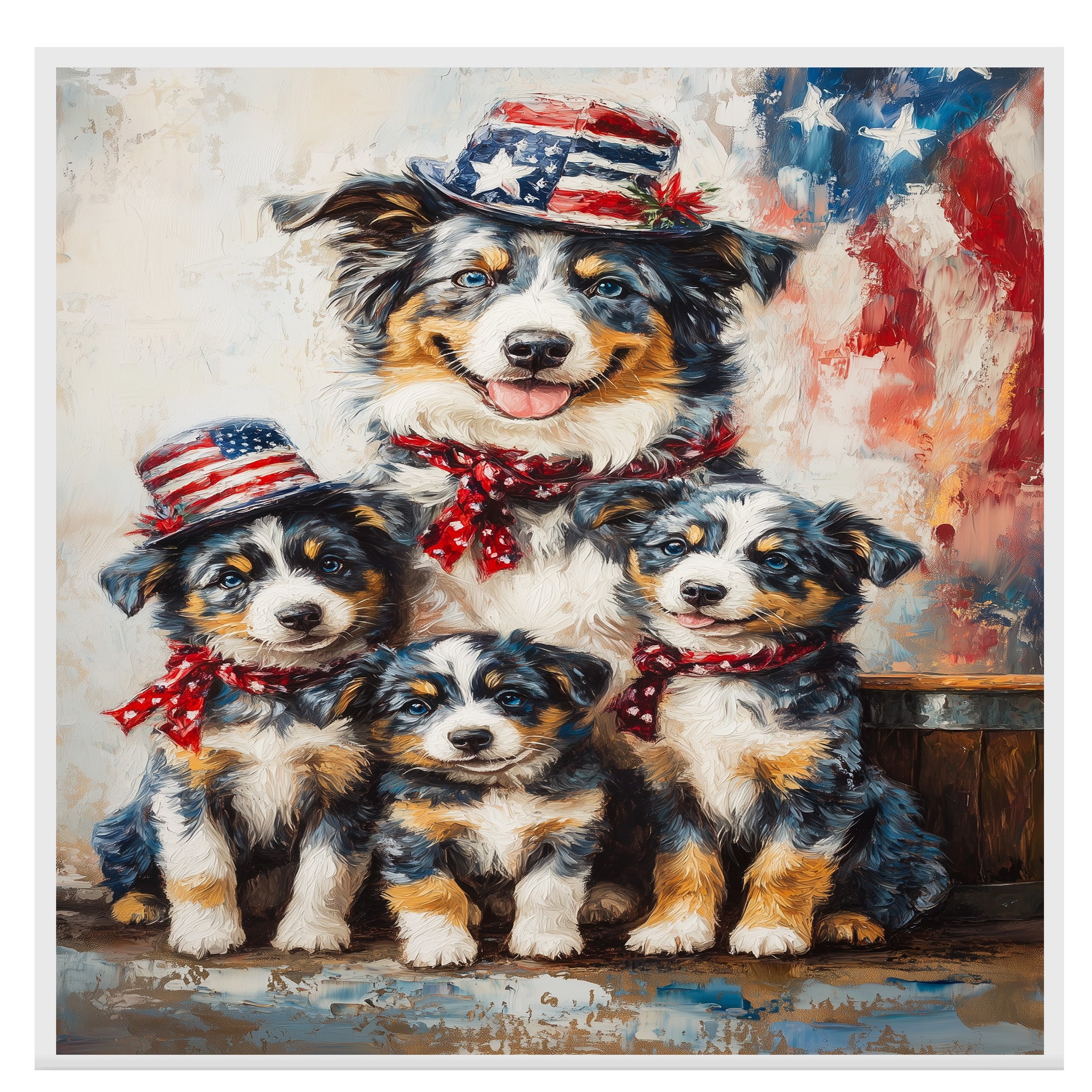 Blue Merle Australian Shepherd Mother and Three Puppies in Patriotic Hats and Scarves with American Flag Background on Ready to Hang 1.5" Thick Canvas Wrap, Floating Framed Canvas, Flat Rolled Canvas