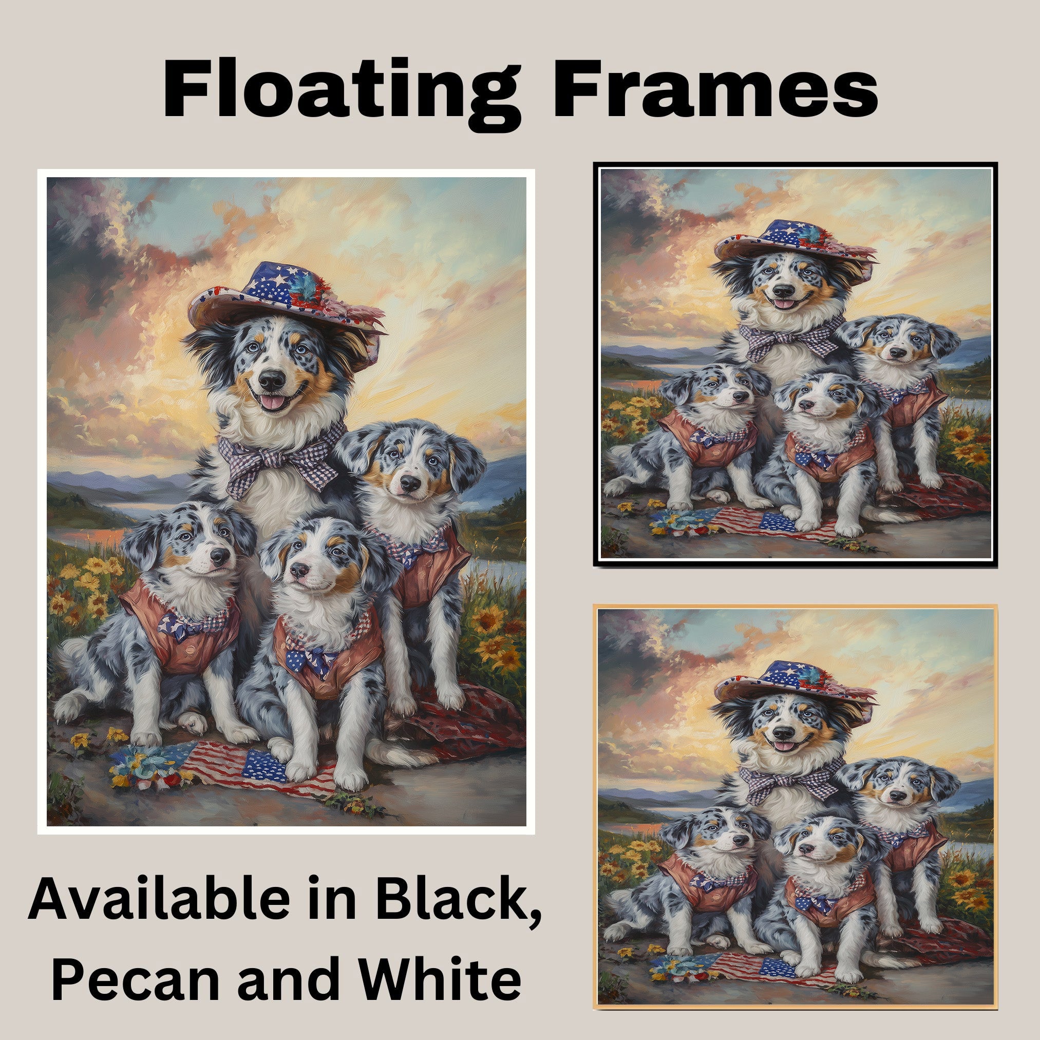 Blue Merle Australian Shepherd Mother and Three Puppies in Rustic Outfits with Patriotic Accents at Sunset Landscape on Ready to Hang 1.5" Thick Canvas Wrap, Floating Framed Canvas, Flat Rolled Canvas