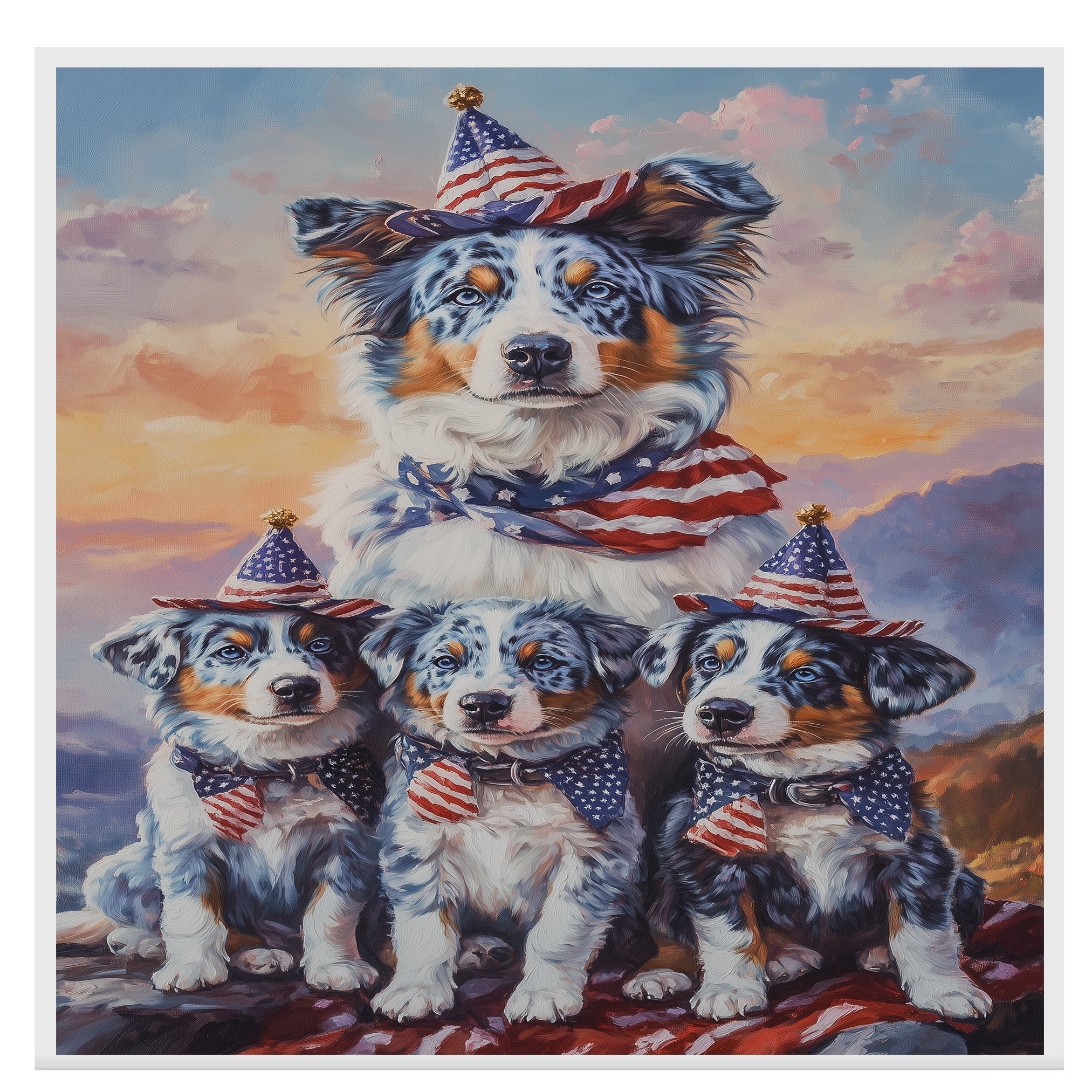 Blue Merle Australian Shepherd Mother and Three Puppies Wearing Patriotic Hats and Scarves at Sunset with Flag Background on Ready to Hang 1.5" Thick Canvas Wrap, Floating Framed Canvas, Flat Rolled Canvas