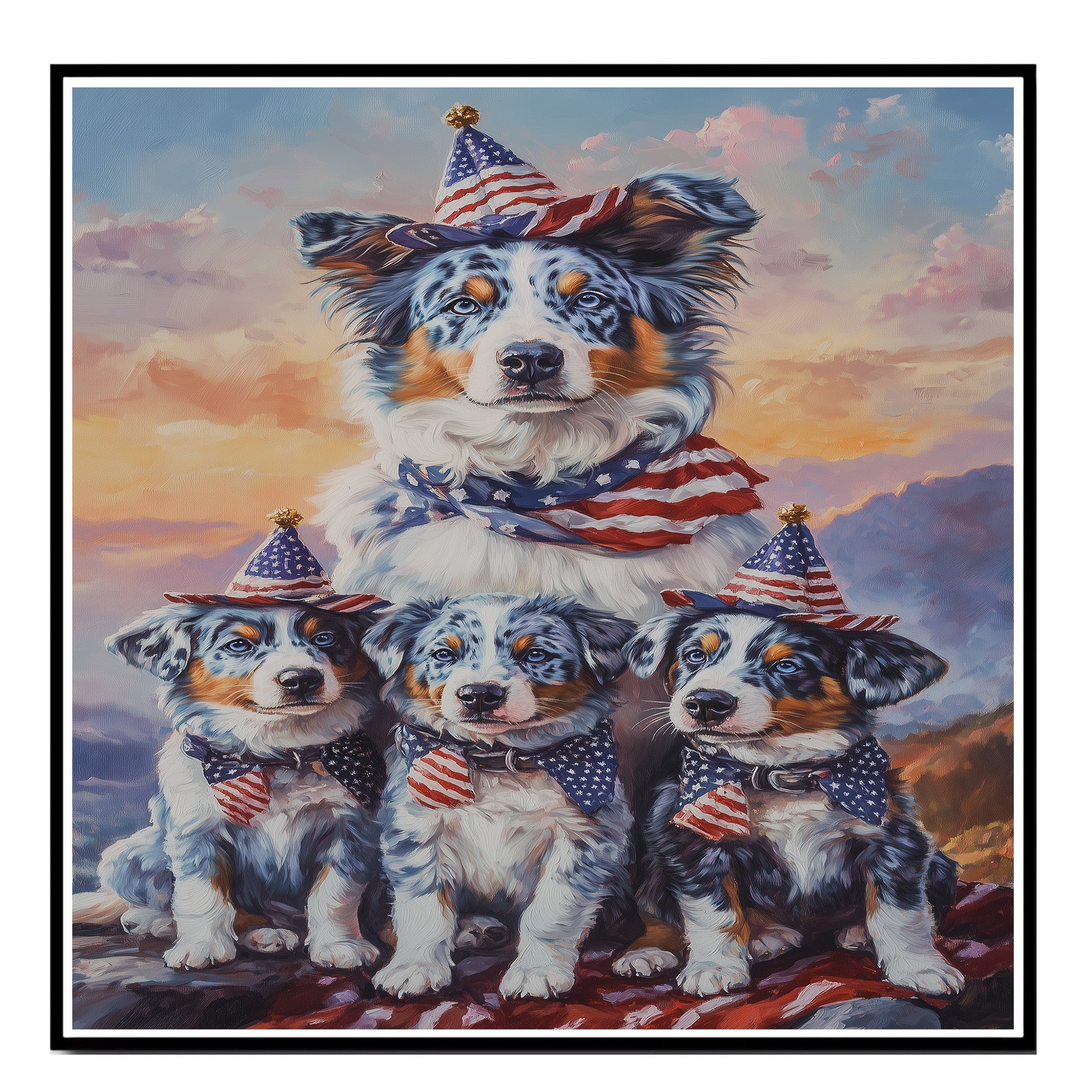 Blue Merle Australian Shepherd Mother and Three Puppies Wearing Patriotic Hats and Scarves at Sunset with Flag Background on Ready to Hang 1.5" Thick Canvas Wrap, Floating Framed Canvas, Flat Rolled Canvas