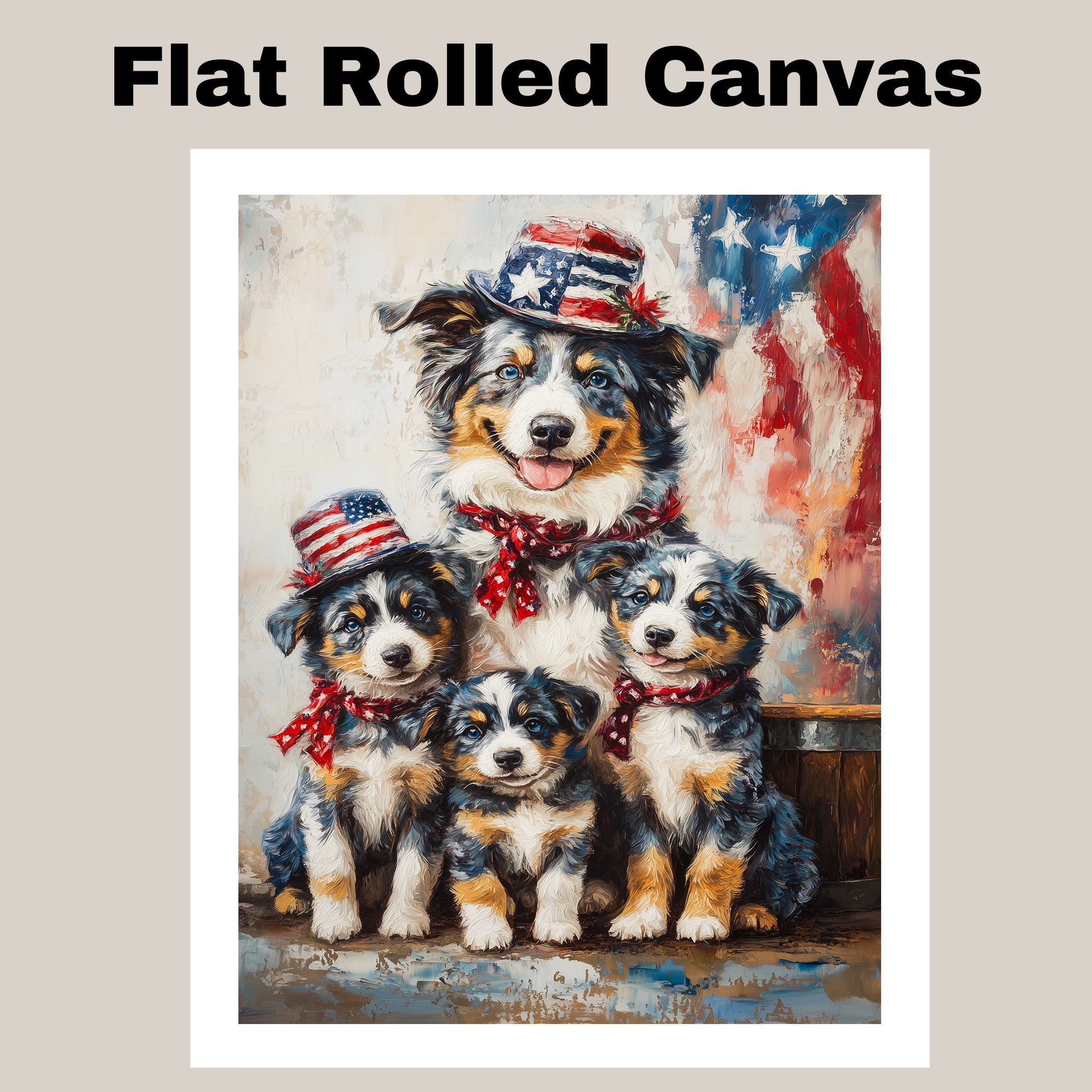 Blue Merle Australian Shepherd Mother and Three Puppies in Patriotic Hats and Scarves with American Flag Background on Ready to Hang 1.5" Thick Canvas Wrap, Floating Framed Canvas, Flat Rolled Canvas