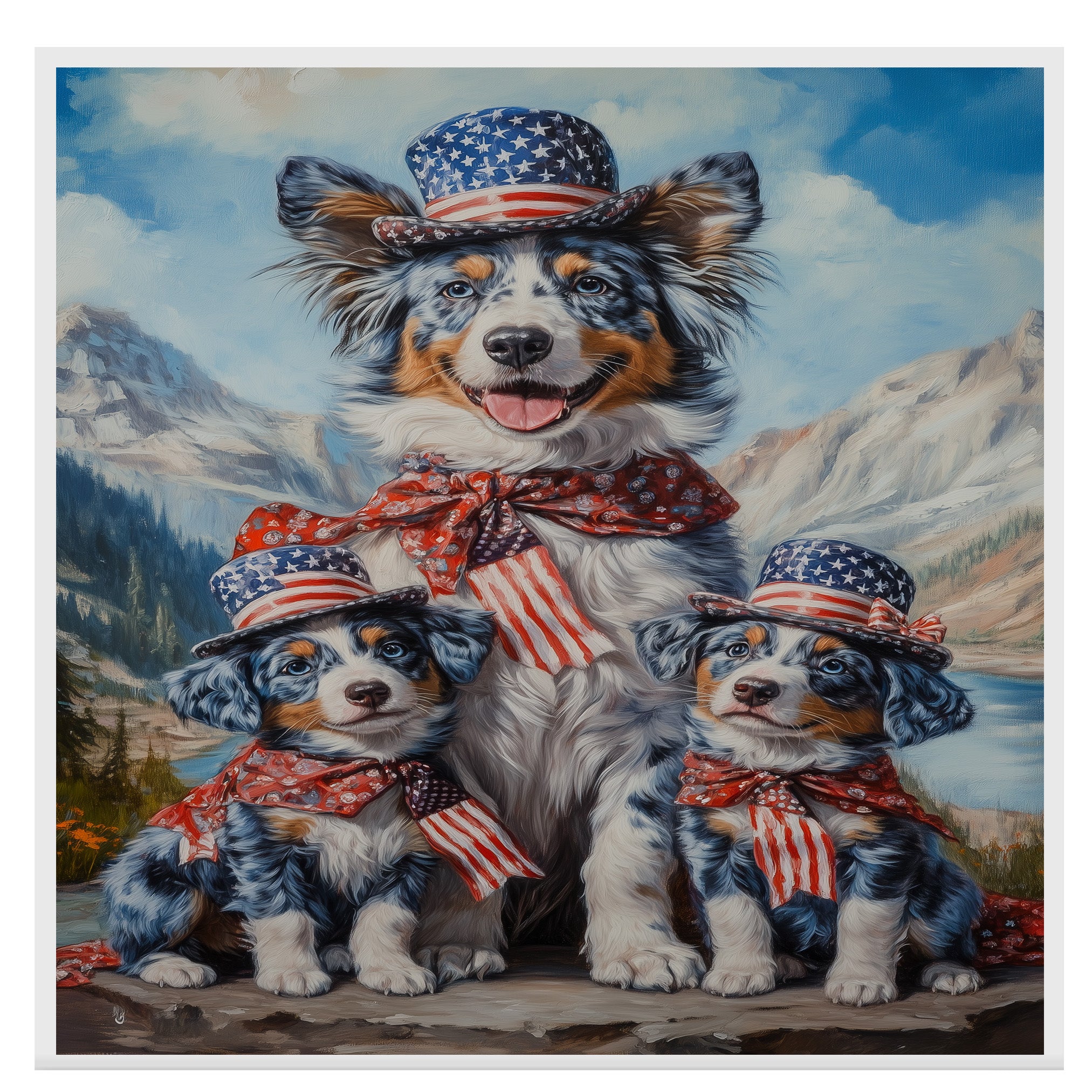 Blue Merle Australian Shepherd Mother and Two Puppies in Patriotic Outfits with Mountain Landscape and American Flag Theme on Ready to Hang 1.5" Thick Canvas Wrap, Floating Framed Canvas, Flat Rolled Canvas