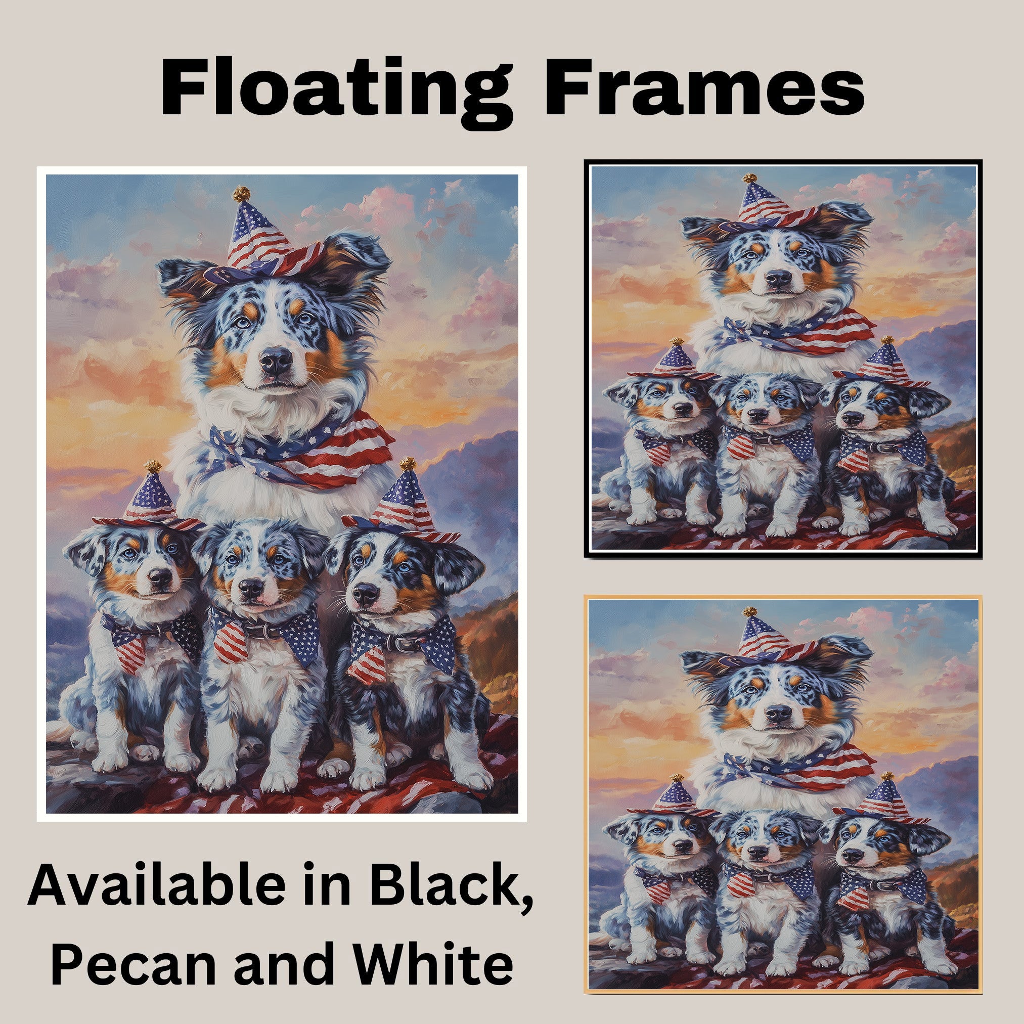 Blue Merle Australian Shepherd Mother and Three Puppies Wearing Patriotic Hats and Scarves at Sunset with Flag Background on Ready to Hang 1.5" Thick Canvas Wrap, Floating Framed Canvas, Flat Rolled Canvas