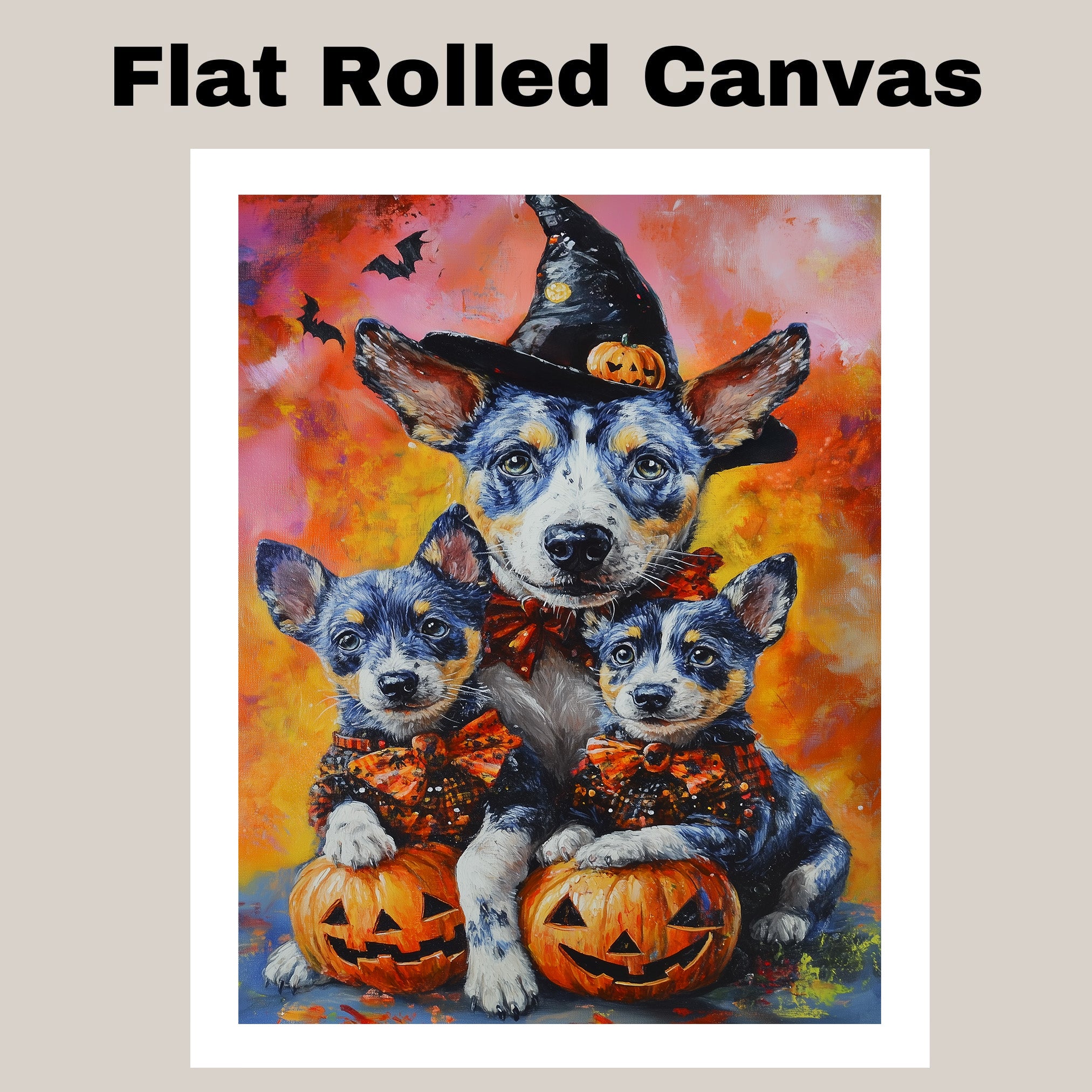 Halloween Blue Heeler Dog Family Canvas Wall Art with Pumpkins Rustic Fall Decoration for Dog Moms on Ready to Hang 1.5" Thick Canvas Wrap, Floating Framed Canvas, Flat Rolled Canvas