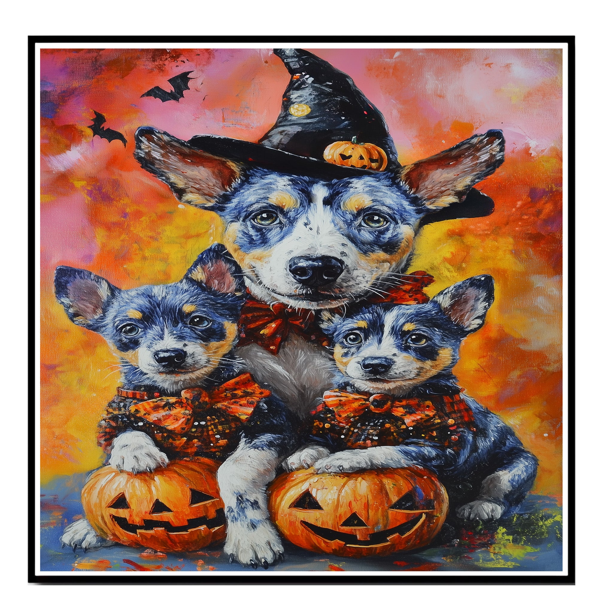 Halloween Blue Heeler Dog Family Canvas Wall Art with Pumpkins Rustic Fall Decoration for Dog Moms on Ready to Hang 1.5" Thick Canvas Wrap, Floating Framed Canvas, Flat Rolled Canvas