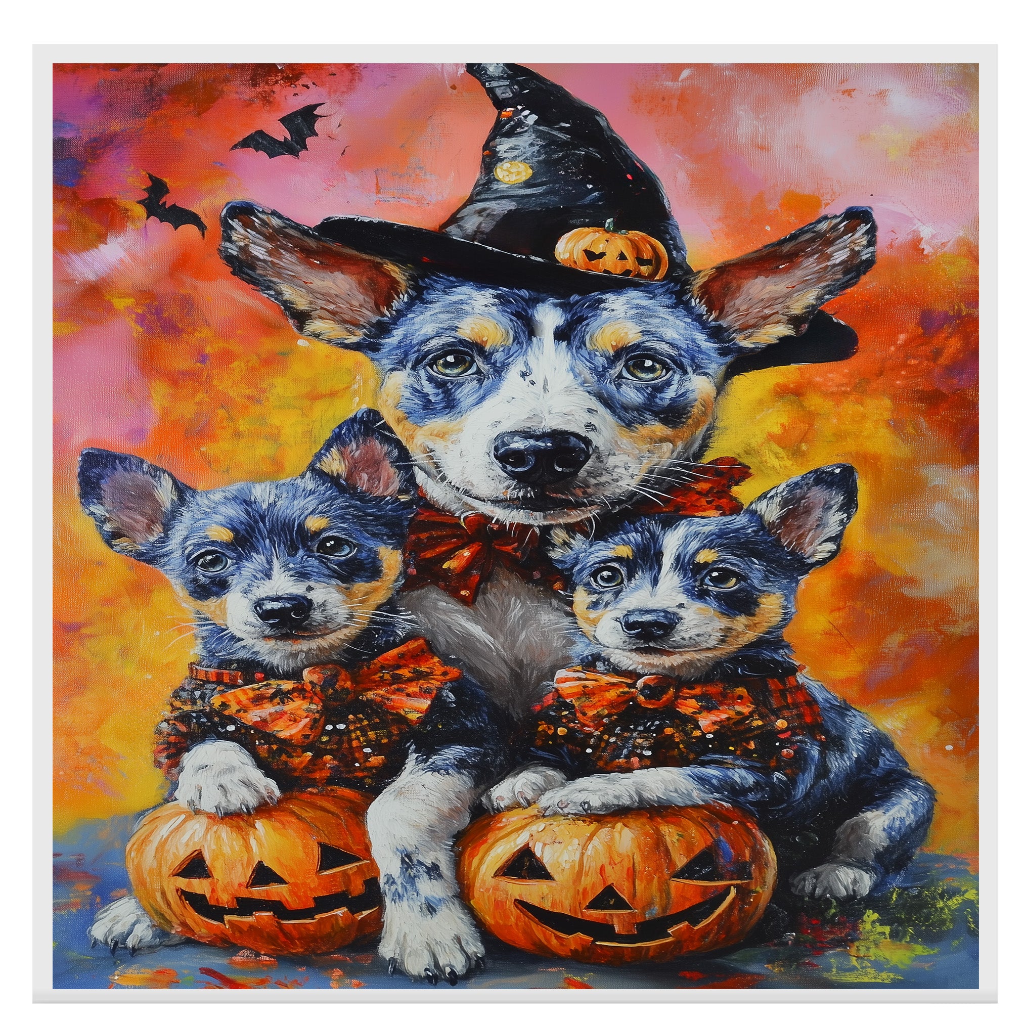 Halloween Blue Heeler Dog Family Canvas Wall Art with Pumpkins Rustic Fall Decoration for Dog Moms on Ready to Hang 1.5" Thick Canvas Wrap, Floating Framed Canvas, Flat Rolled Canvas