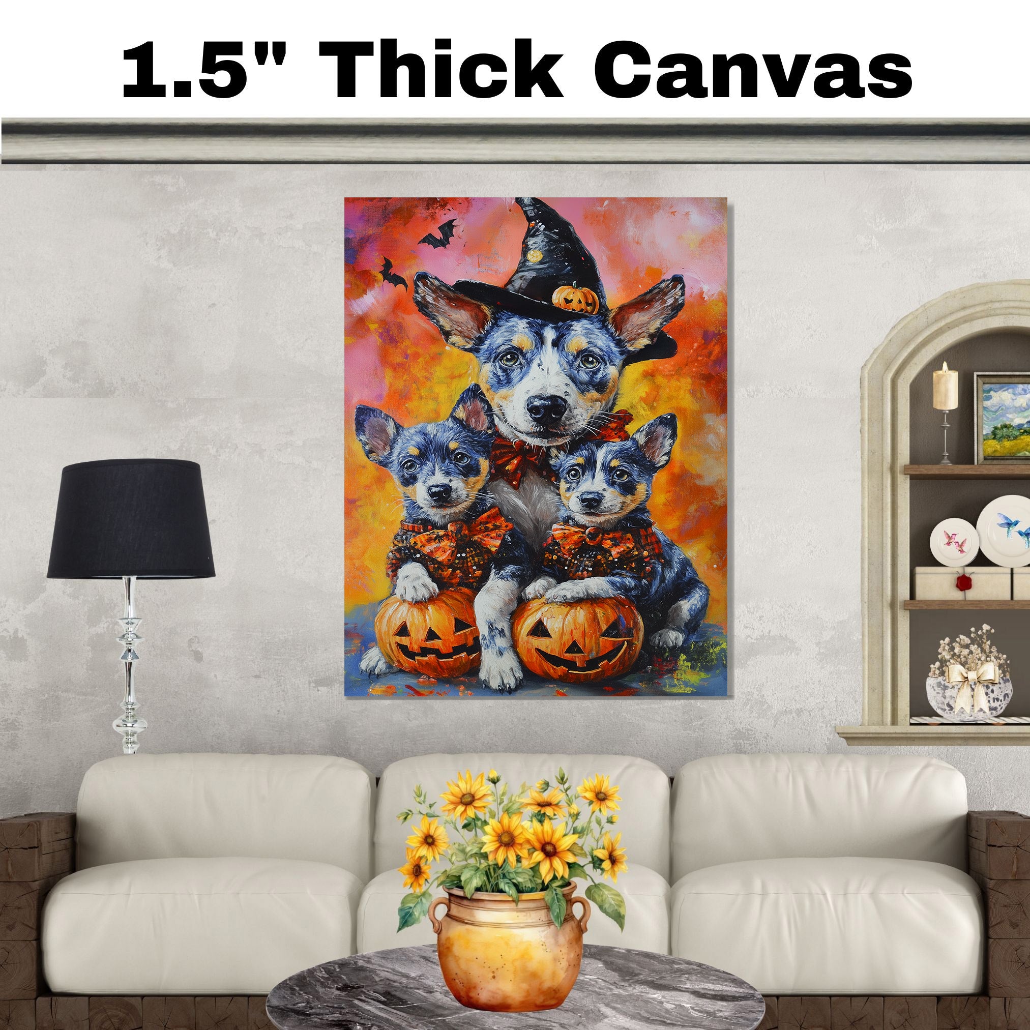 Halloween Blue Heeler Dog Family Canvas Wall Art with Pumpkins Rustic Fall Decoration for Dog Moms on Ready to Hang 1.5" Thick Canvas Wrap, Floating Framed Canvas, Flat Rolled Canvas