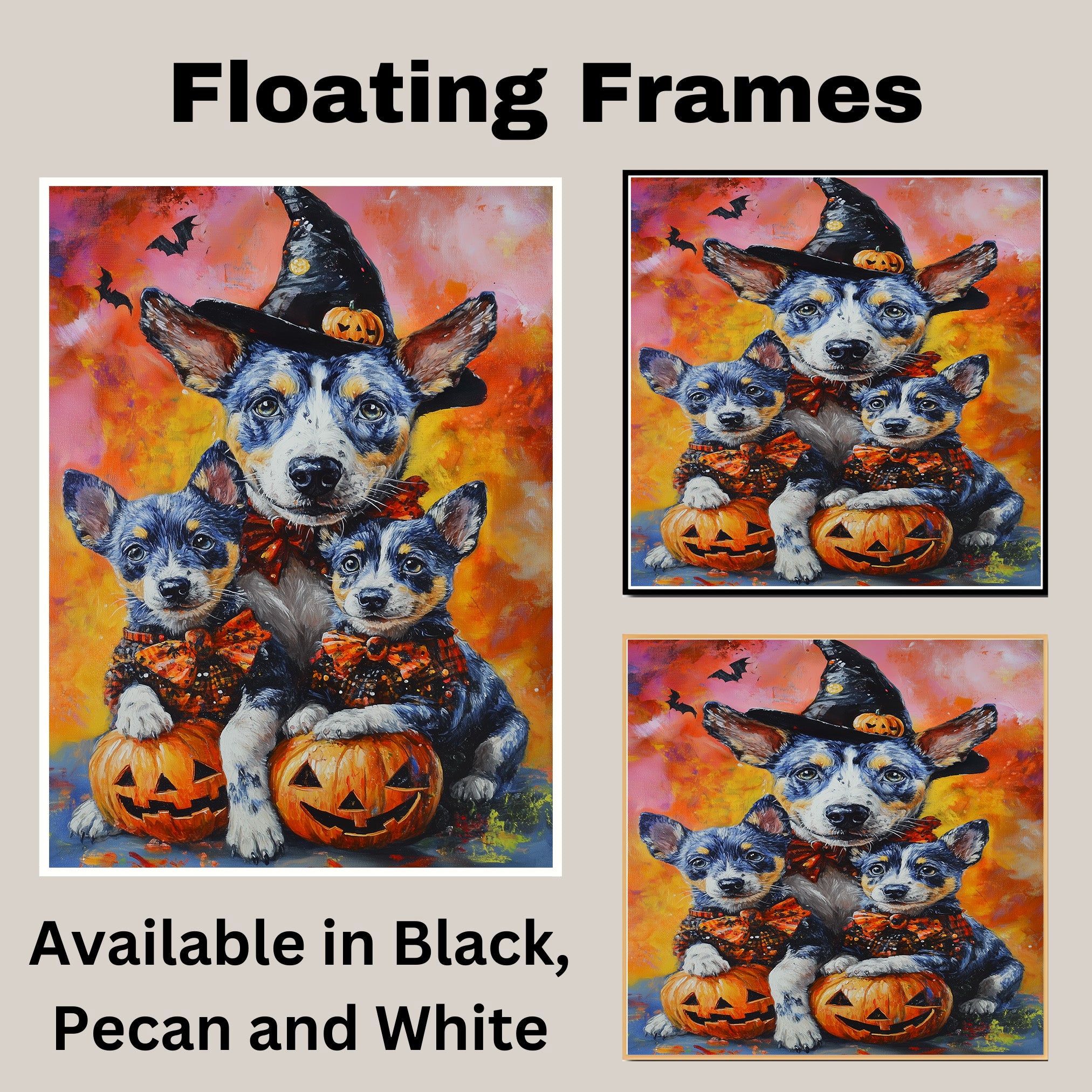 Halloween Blue Heeler Dog Family Canvas Wall Art with Pumpkins Rustic Fall Decoration for Dog Moms on Ready to Hang 1.5" Thick Canvas Wrap, Floating Framed Canvas, Flat Rolled Canvas