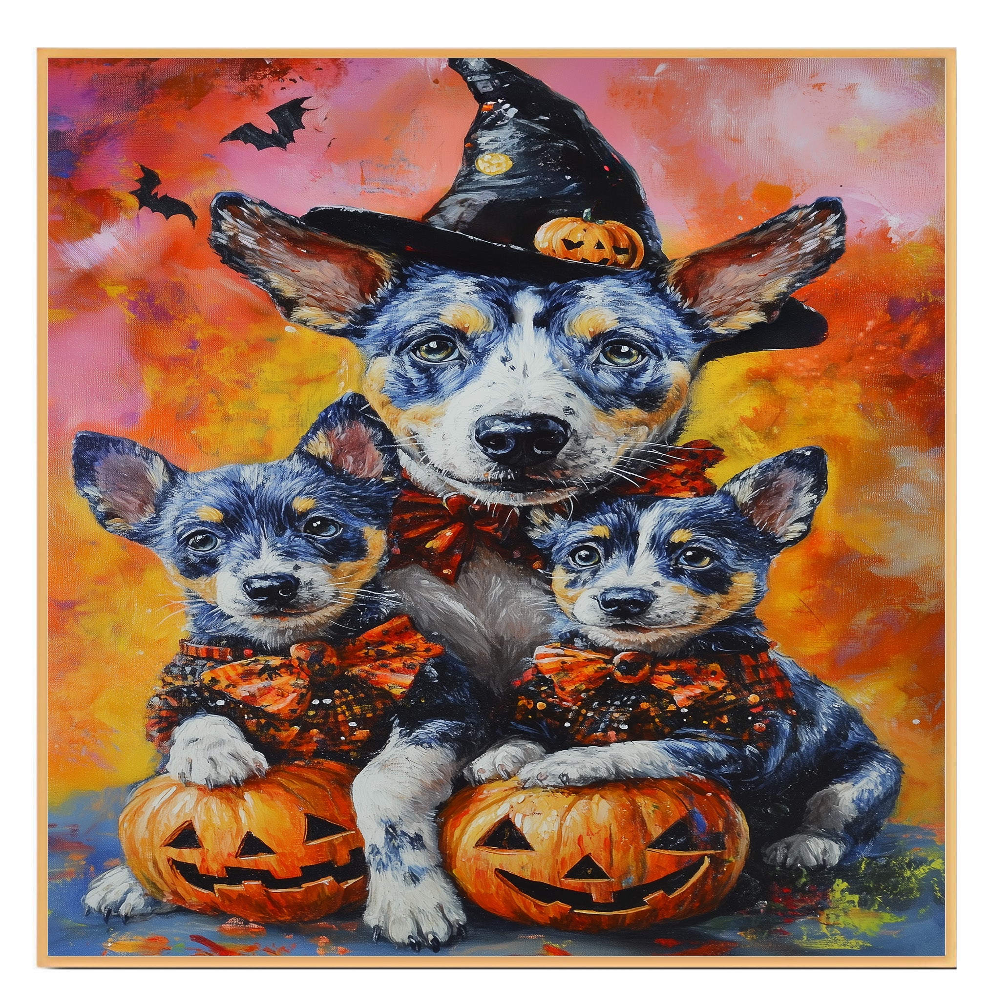 Halloween Blue Heeler Dog Family Canvas Wall Art with Pumpkins Rustic Fall Decoration for Dog Moms on Ready to Hang 1.5" Thick Canvas Wrap, Floating Framed Canvas, Flat Rolled Canvas