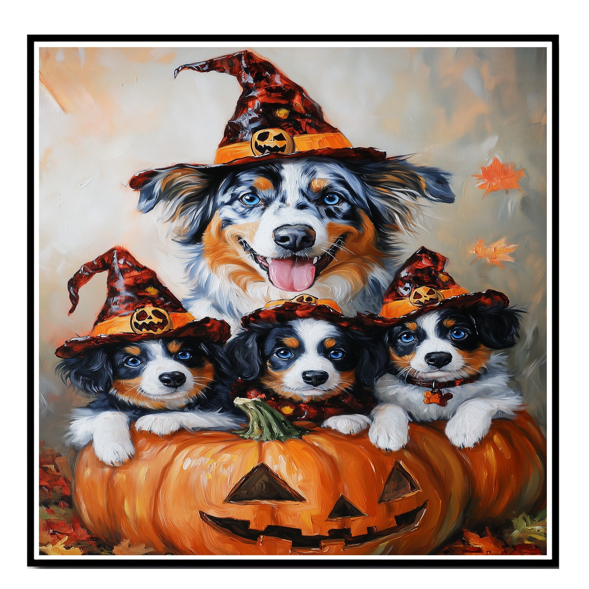 Australian Shepherd Dog Halloween Canvas Wall Art with Pumpkins and Witch Hats Rustic Fall Accent for Cozy Autumn Homes on Ready to Hang 1.5" Thick Canvas Wrap, Floating Framed Canvas, Flat Rolled Canvas