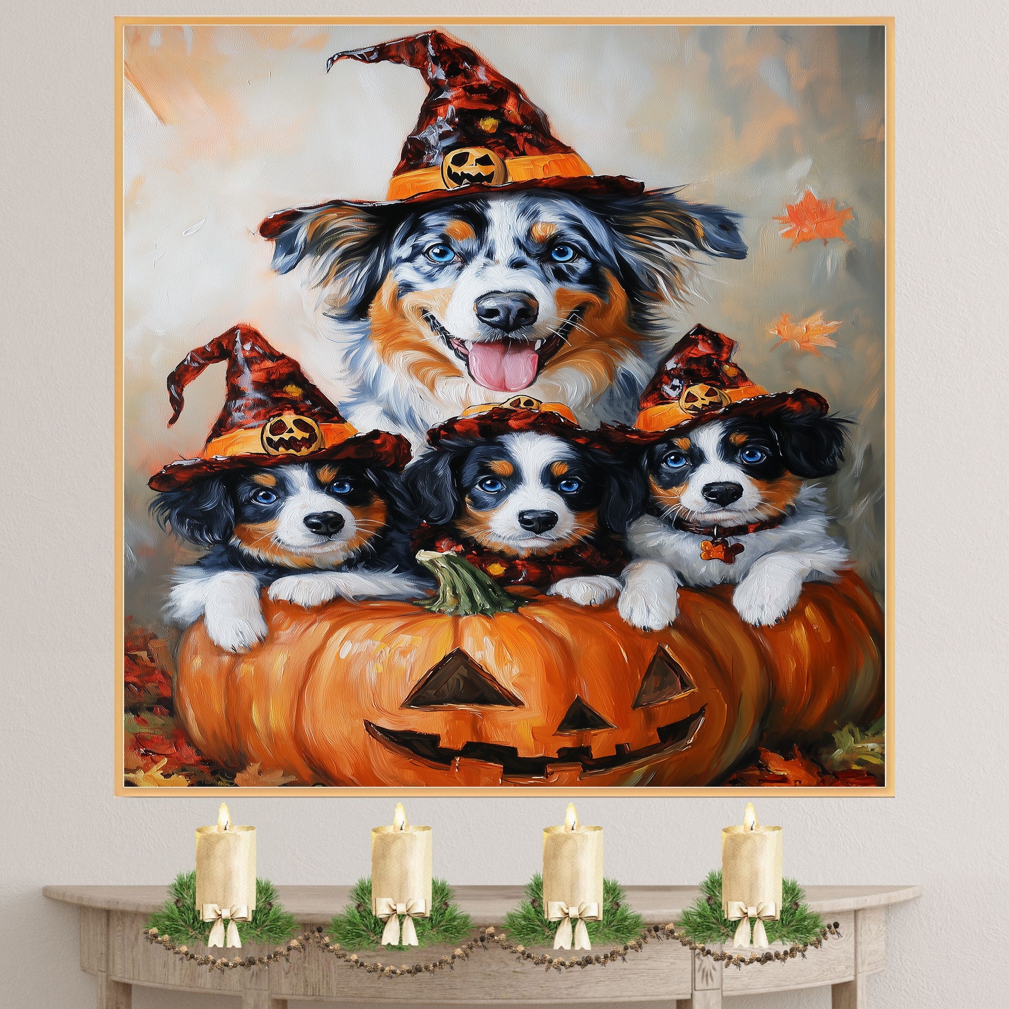 Australian Shepherd Dog Halloween Canvas Wall Art with Pumpkins and Witch Hats Rustic Fall Accent for Cozy Autumn Homes on Ready to Hang 1.5" Thick Canvas Wrap, Floating Framed Canvas, Flat Rolled Canvas