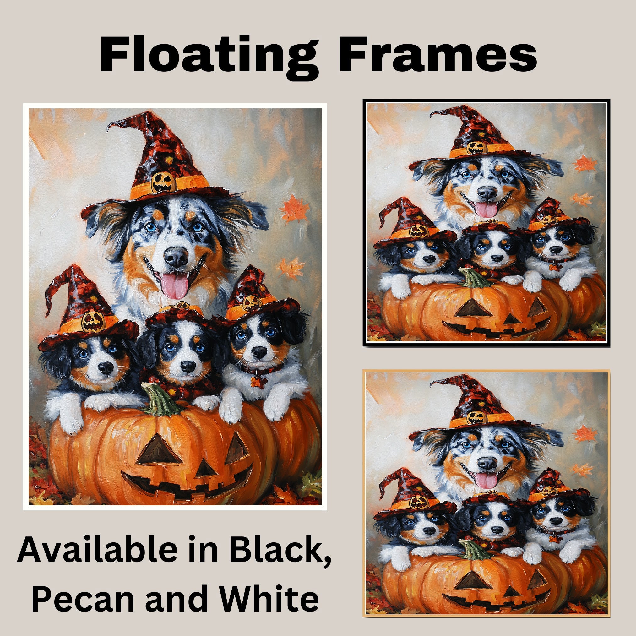 Australian Shepherd Dog Halloween Canvas Wall Art with Pumpkins and Witch Hats Rustic Fall Accent for Cozy Autumn Homes on Ready to Hang 1.5" Thick Canvas Wrap, Floating Framed Canvas, Flat Rolled Canvas