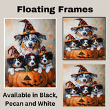 Australian Shepherd Dog Halloween Canvas Wall Art with Pumpkins and Witch Hats Rustic Fall Accent for Cozy Autumn Homes on Ready to Hang 1.5" Thick Canvas Wrap, Floating Framed Canvas, Flat Rolled Canvas