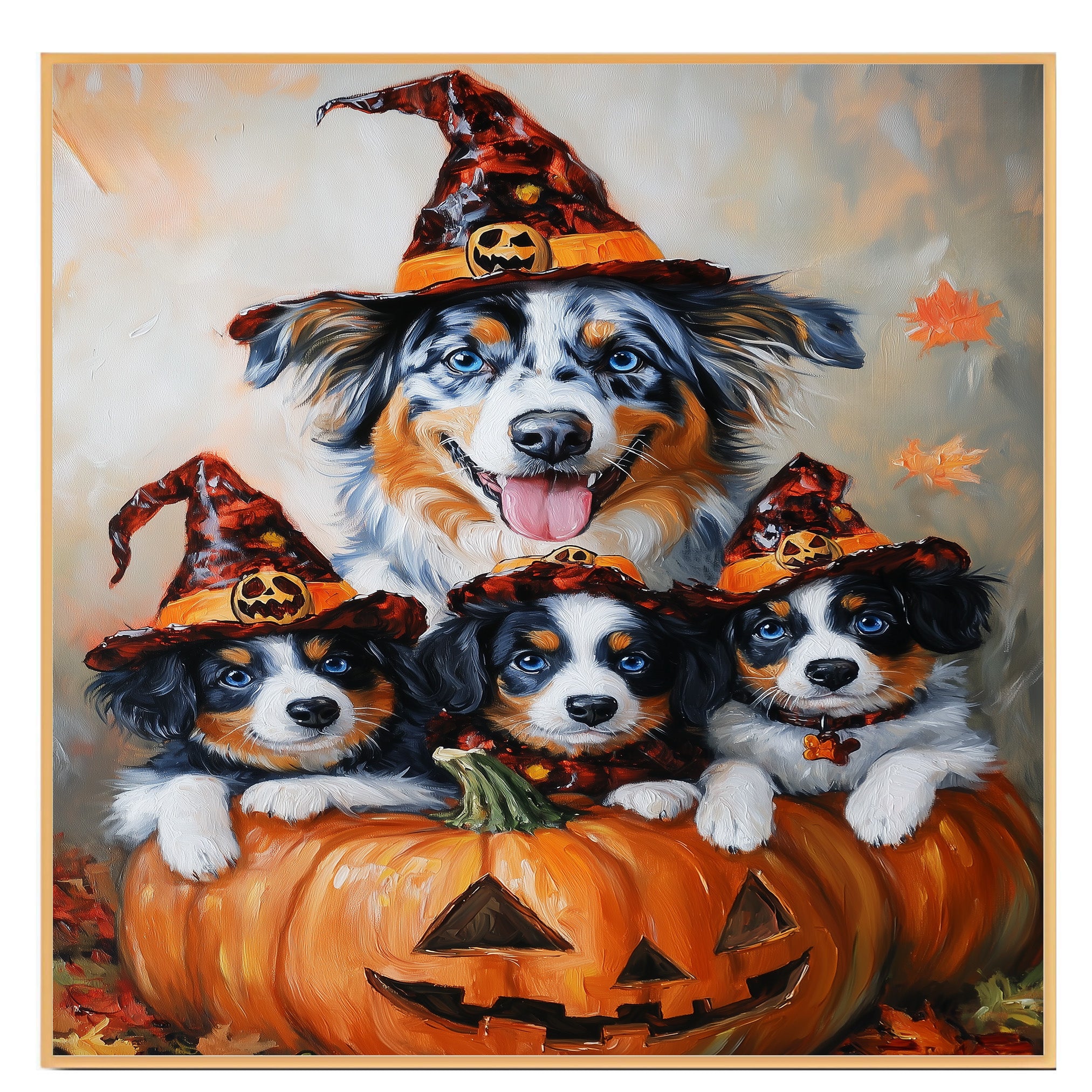 Australian Shepherd Dog Halloween Canvas Wall Art with Pumpkins and Witch Hats Rustic Fall Accent for Cozy Autumn Homes on Ready to Hang 1.5" Thick Canvas Wrap, Floating Framed Canvas, Flat Rolled Canvas